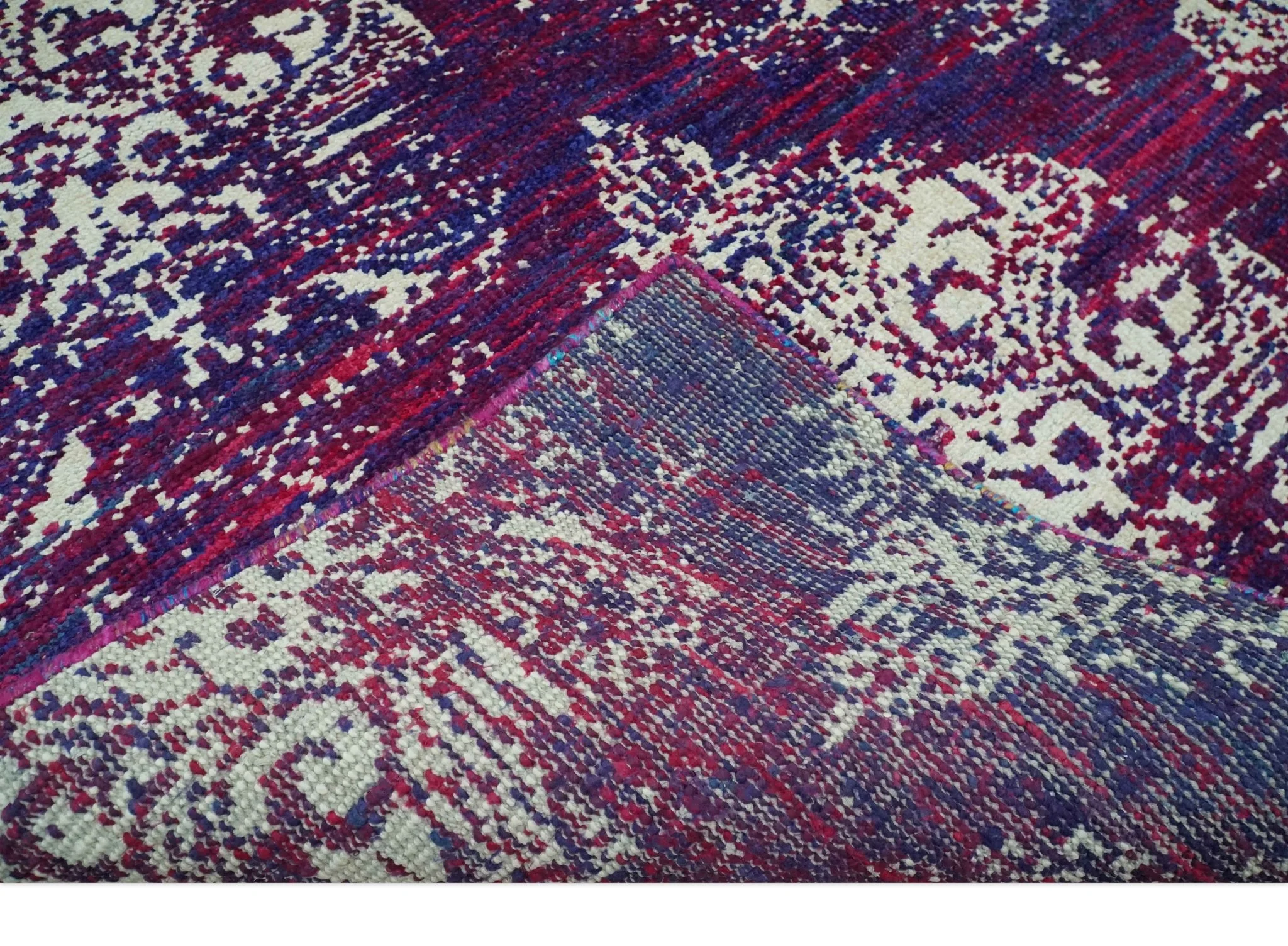 5x8 Purple, Maroon and Ivory Traditional Large Ikat Design Hand Knotted wool Area Rug - Image 6