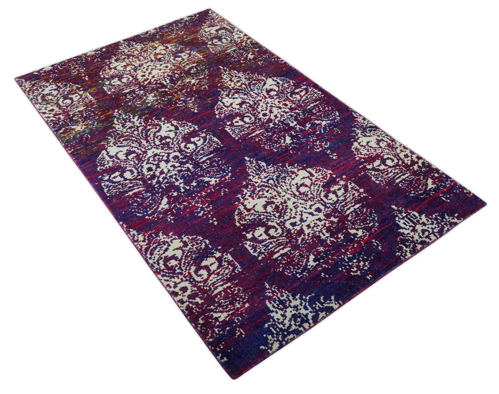 5x8 Purple, Maroon and Ivory Traditional Large Ikat Design Hand Knotted wool Area Rug - Image 8