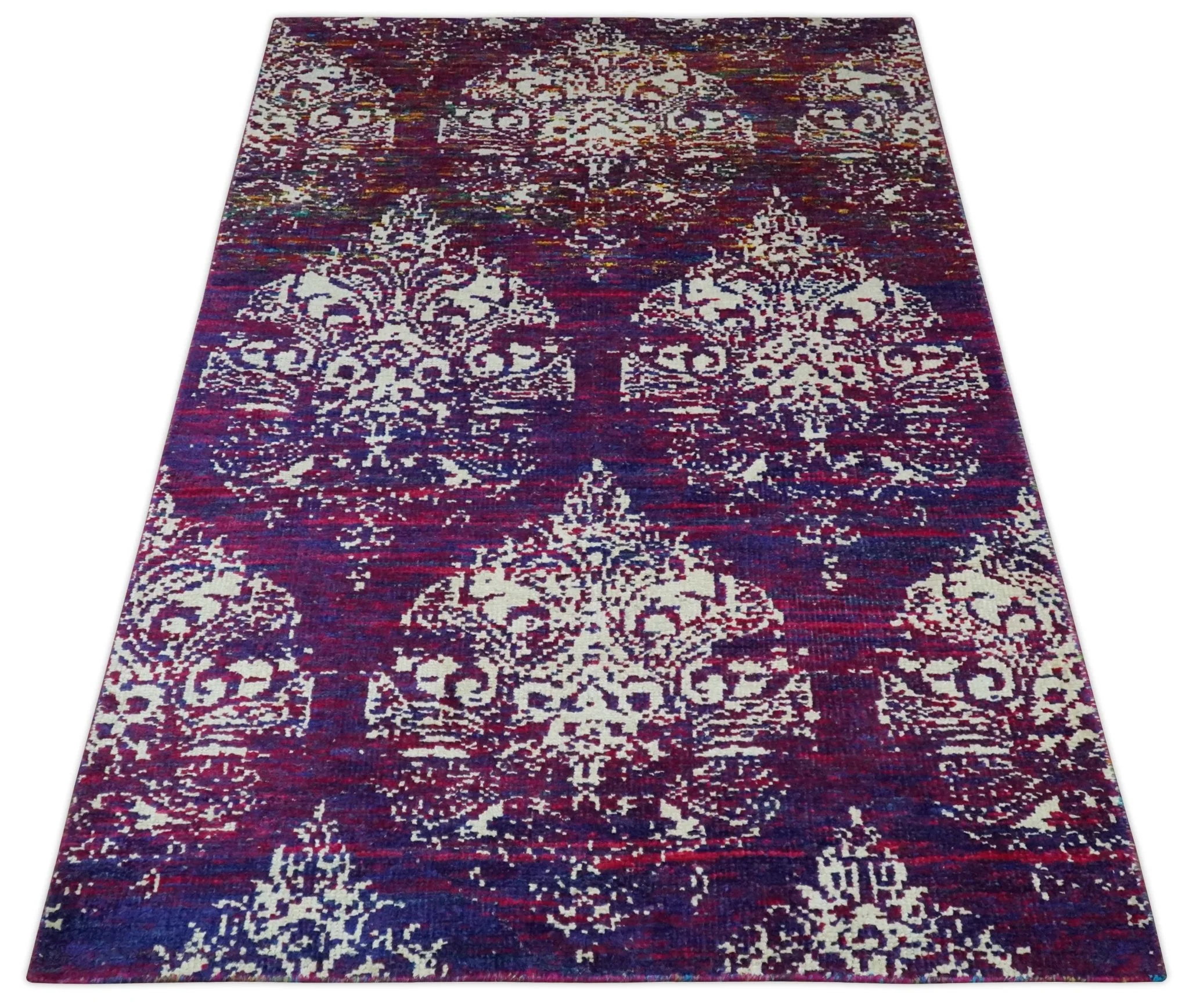 5x8 Purple, Maroon and Ivory Traditional Large Ikat Design Hand Knotted wool Area Rug - Image 9