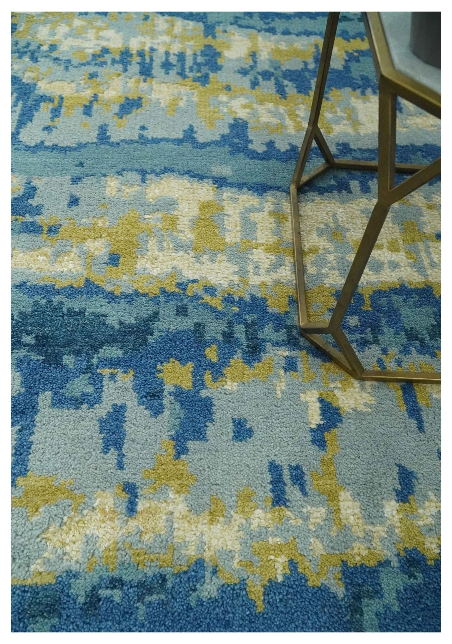 Blue, Olive and Ivory Modern abstract Hand Knotted 5x8 wool Area Rug - Image 2