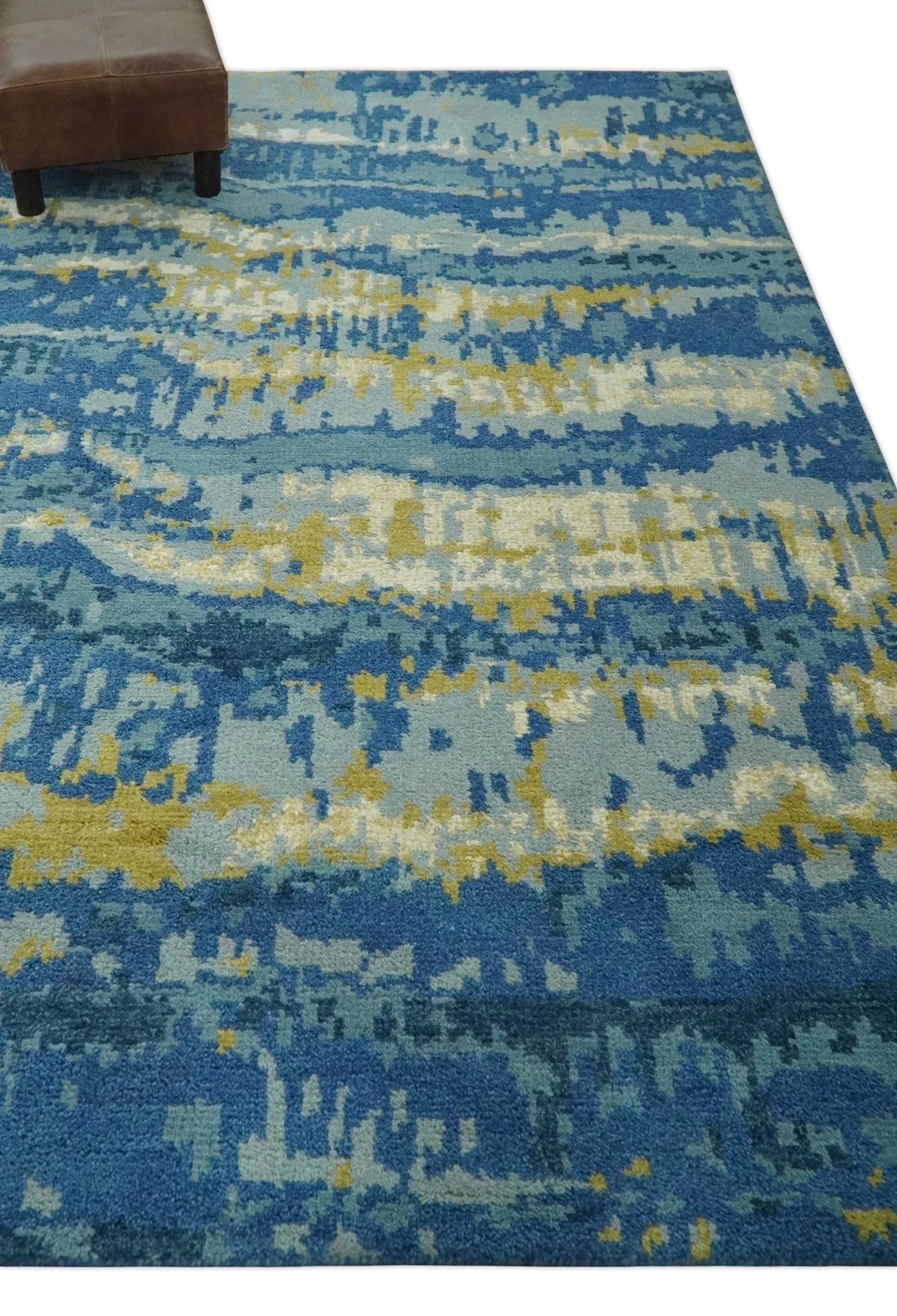 Blue, Olive and Ivory Modern abstract Hand Knotted 5x8 wool Area Rug - Image 3