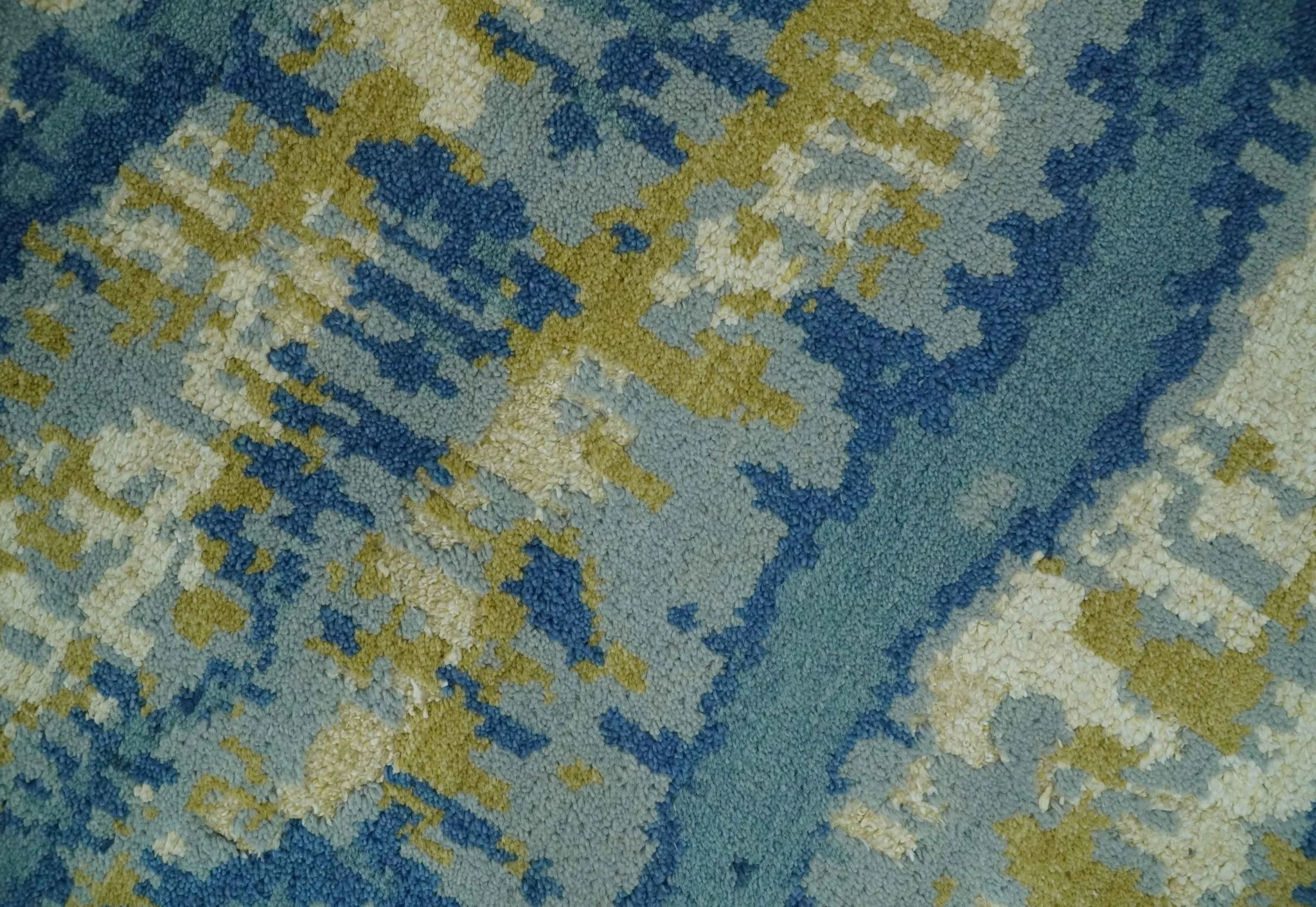 Blue, Olive and Ivory Modern abstract Hand Knotted 5x8 wool Area Rug - Image 4