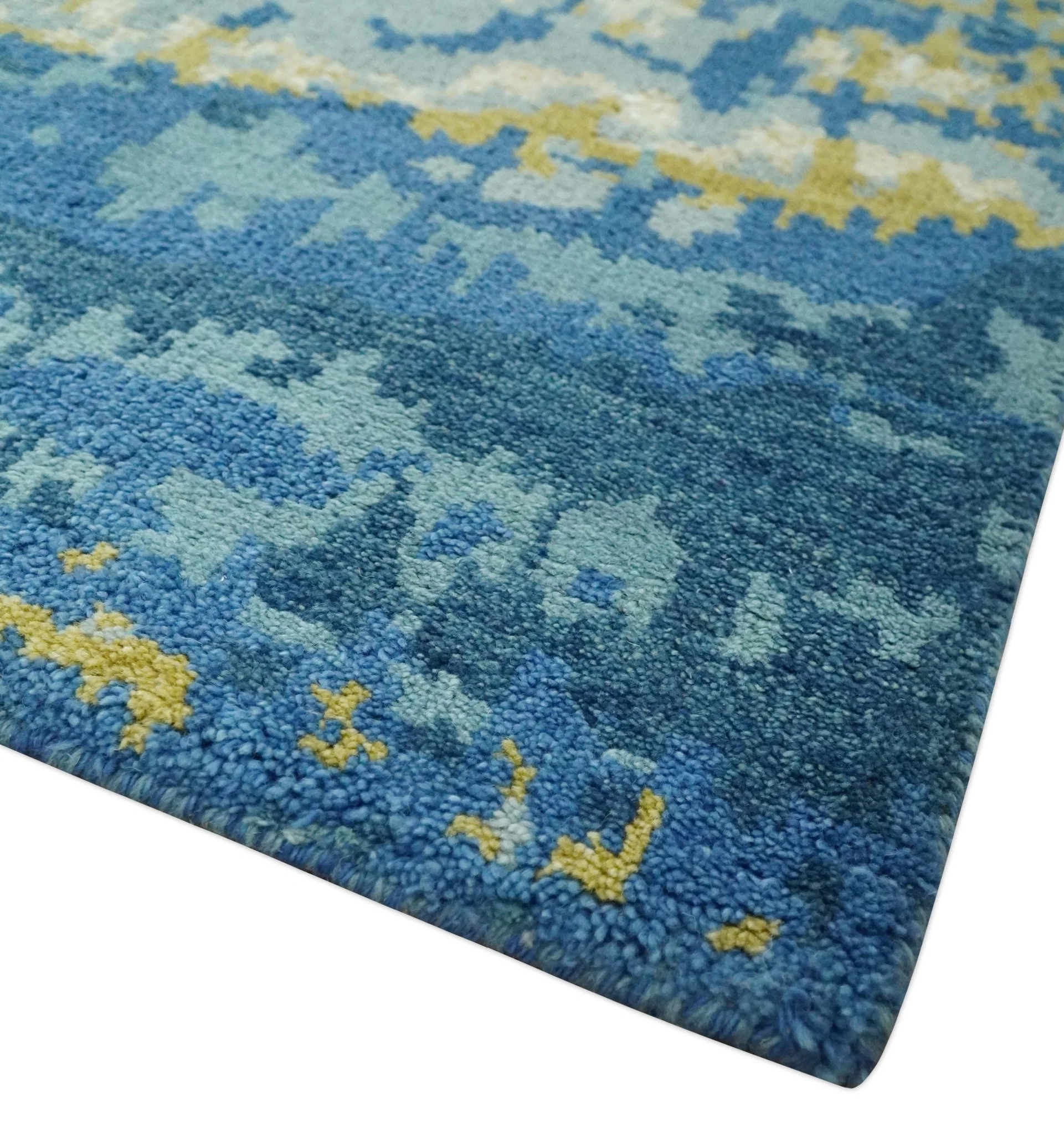 Blue, Olive and Ivory Modern abstract Hand Knotted 5x8 wool Area Rug - Image 5