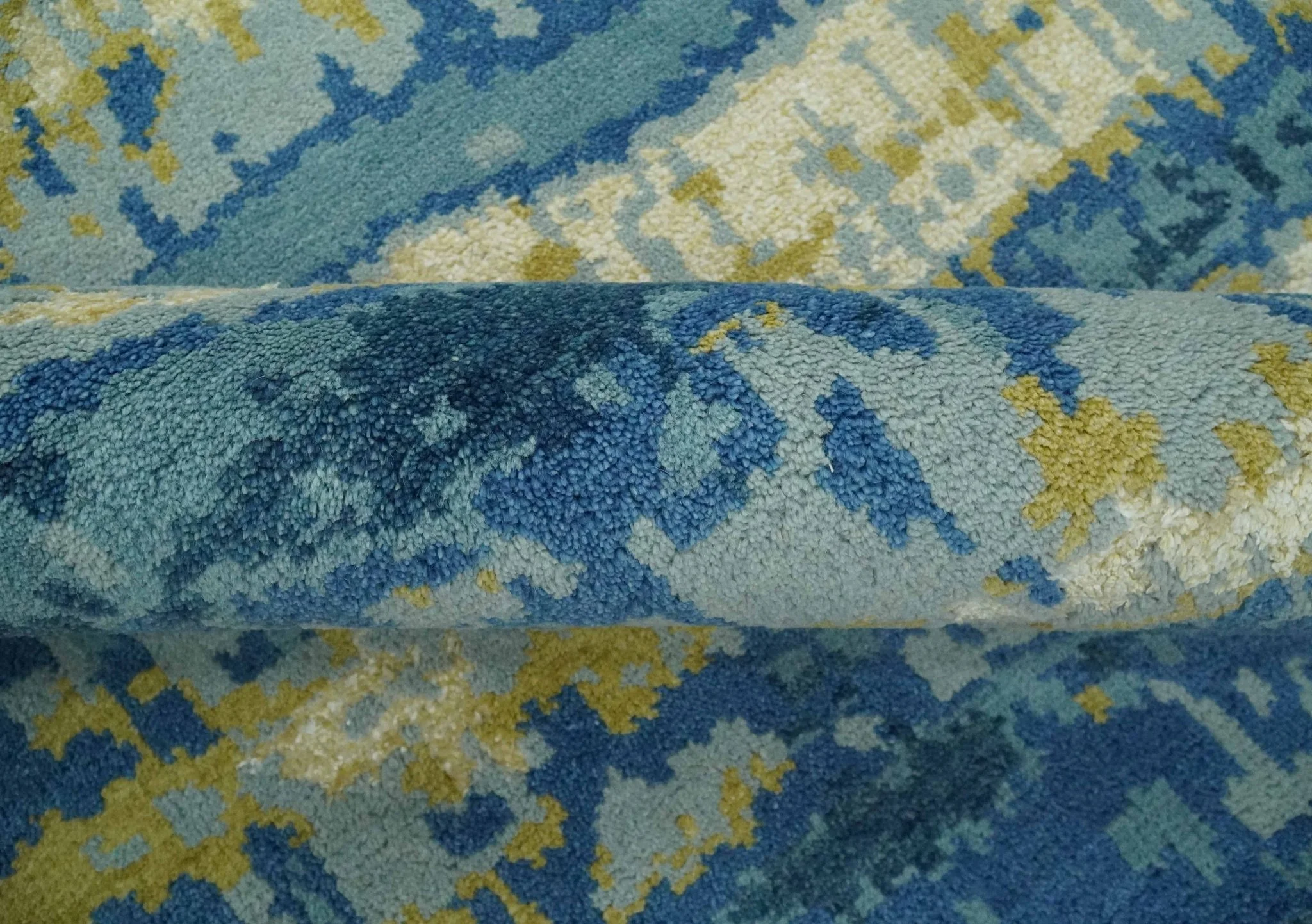 Blue, Olive and Ivory Modern abstract Hand Knotted 5x8 wool Area Rug - Image 6