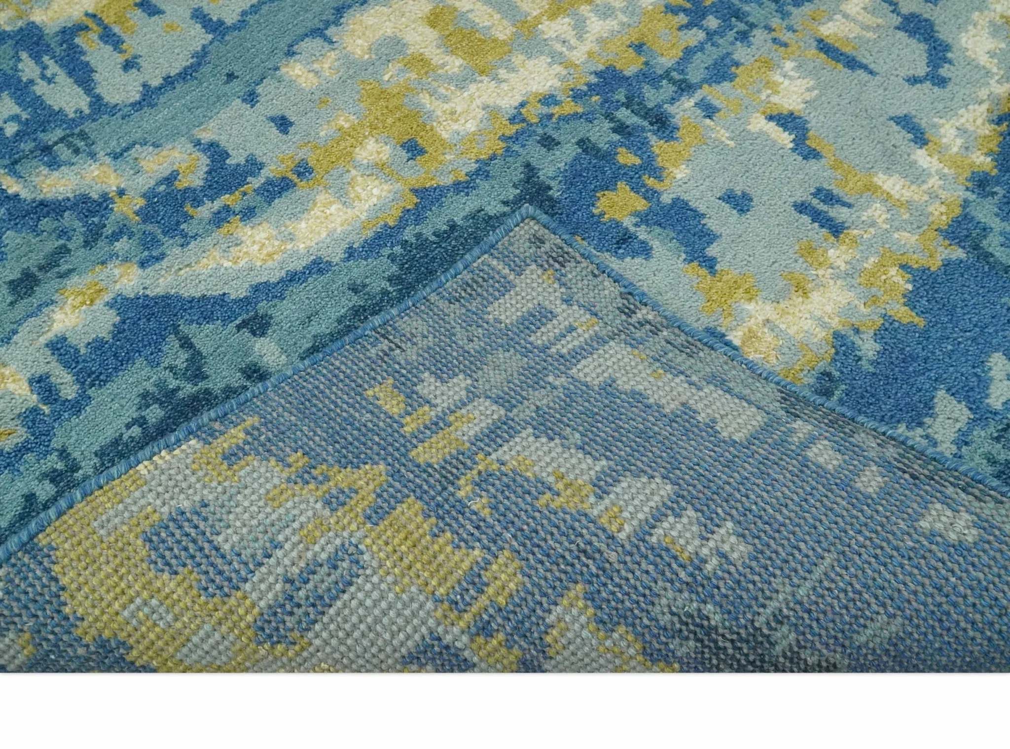 Blue, Olive and Ivory Modern abstract Hand Knotted 5x8 wool Area Rug - Image 7
