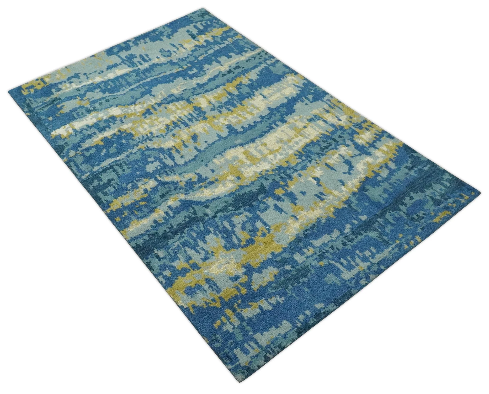 Blue, Olive and Ivory Modern abstract Hand Knotted 5x8 wool Area Rug - Image 8