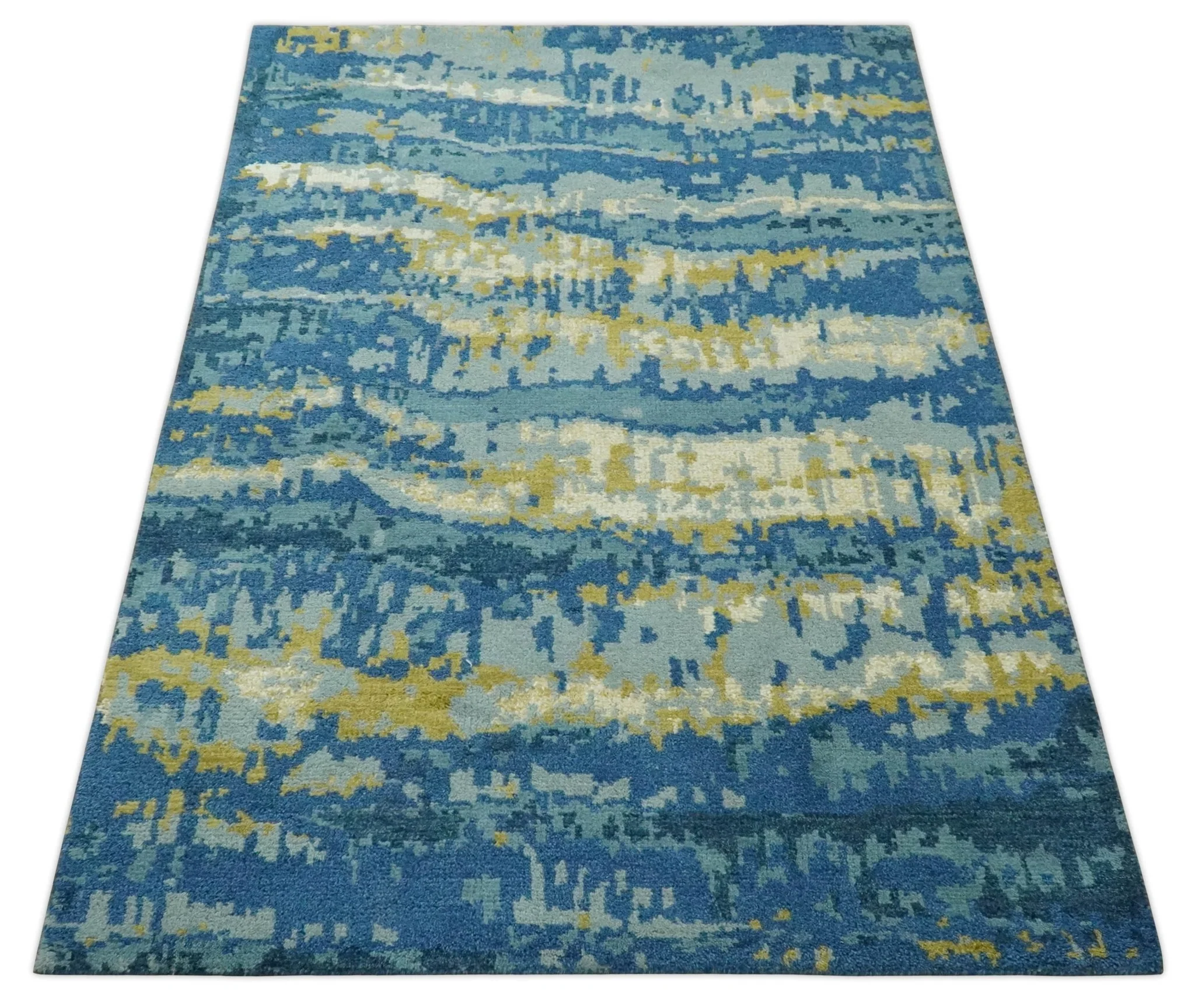 Blue, Olive and Ivory Modern abstract Hand Knotted 5x8 wool Area Rug - Image 9