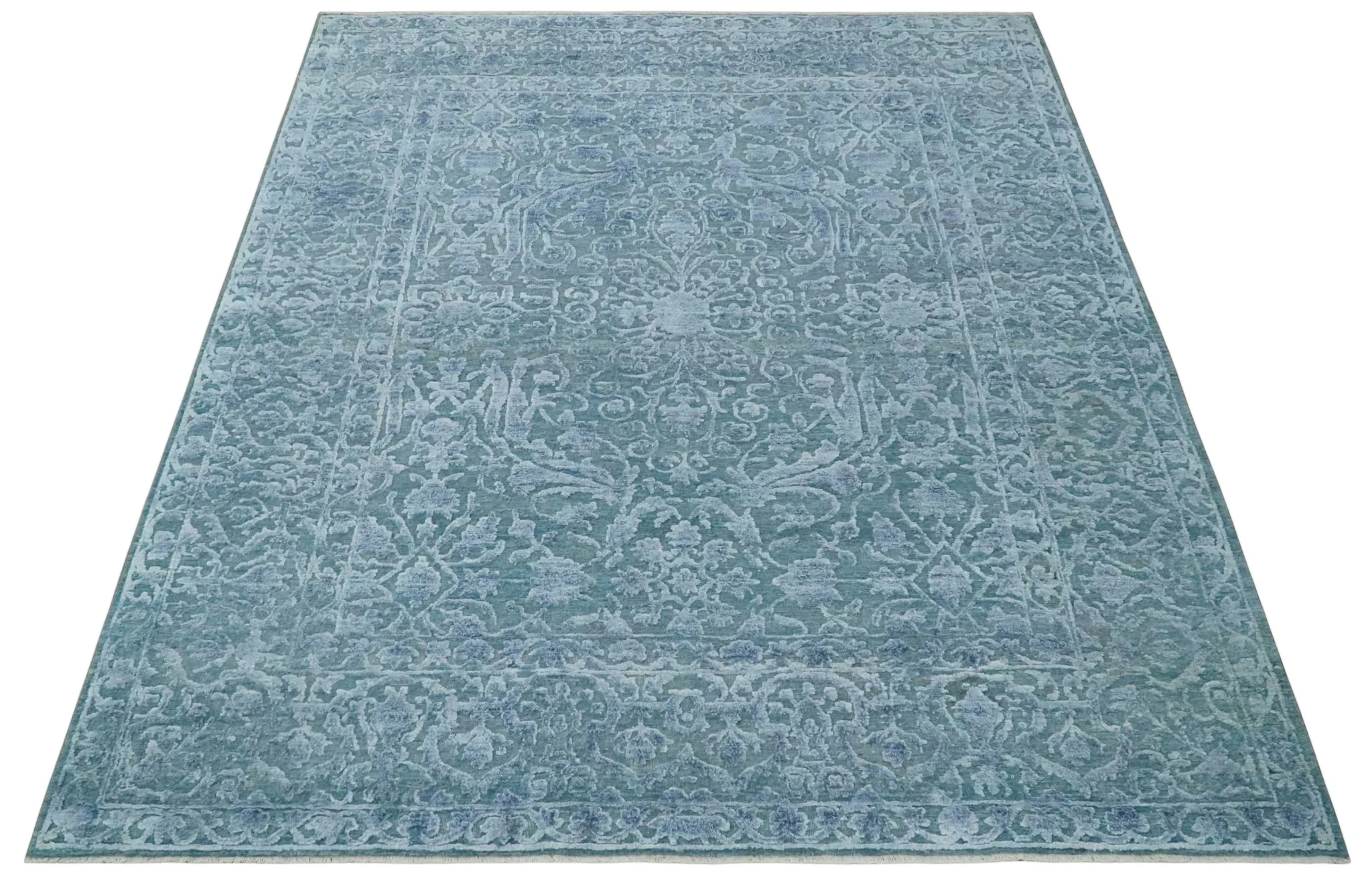 8x9.7 Blue Antique Style, Distressed Finish Hand Carved Traditional Medalian Hand Knotted Wool and Silk Rug - Image 10