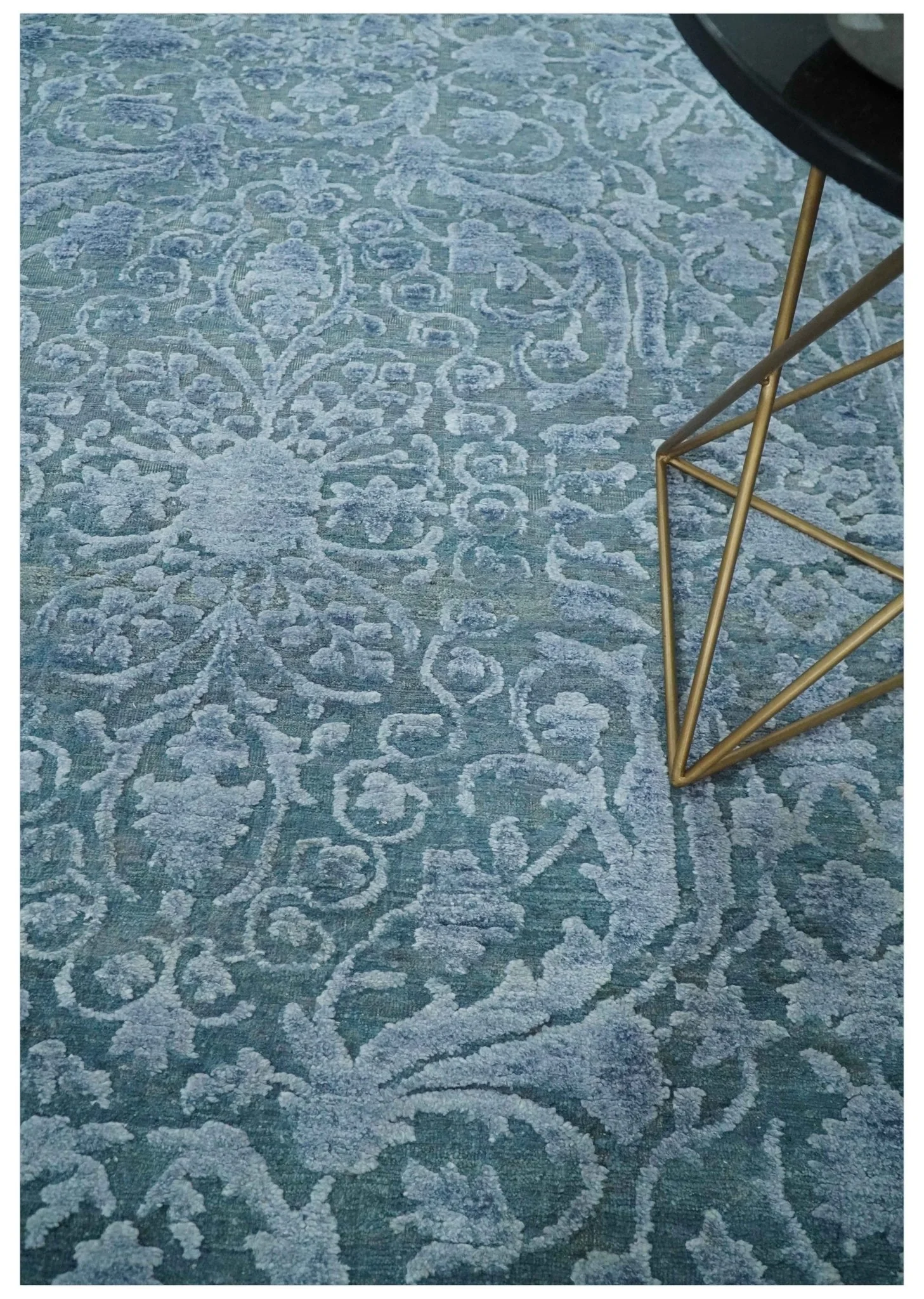 8x9.7 Blue Antique Style, Distressed Finish Hand Carved Traditional Medalian Hand Knotted Wool and Silk Rug - Image 2