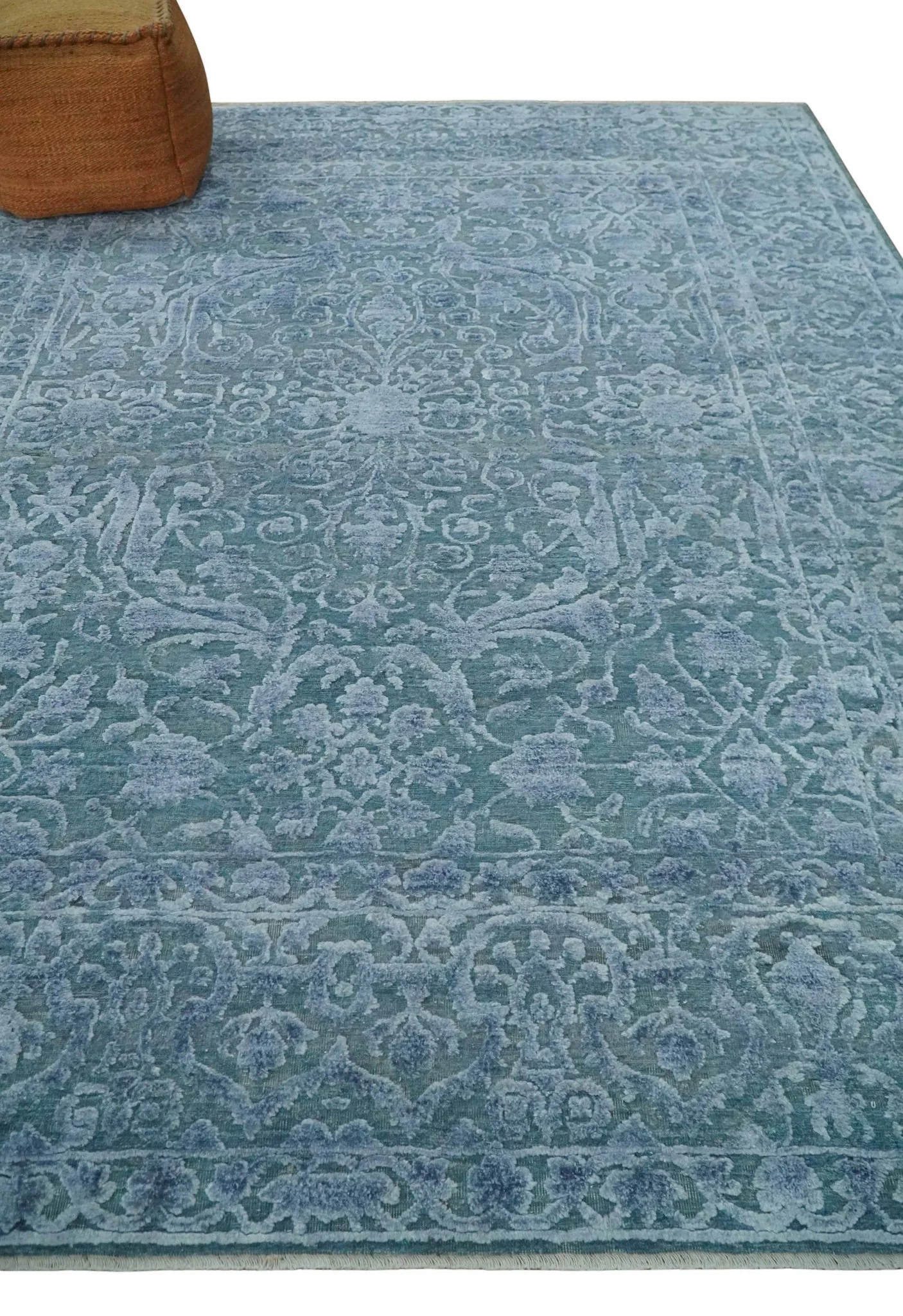 8x9.7 Blue Antique Style, Distressed Finish Hand Carved Traditional Medalian Hand Knotted Wool and Silk Rug - Image 3