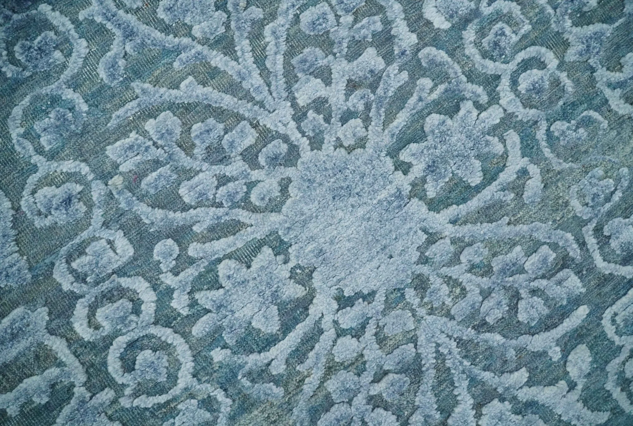 8x9.7 Blue Antique Style, Distressed Finish Hand Carved Traditional Medalian Hand Knotted Wool and Silk Rug - Image 4
