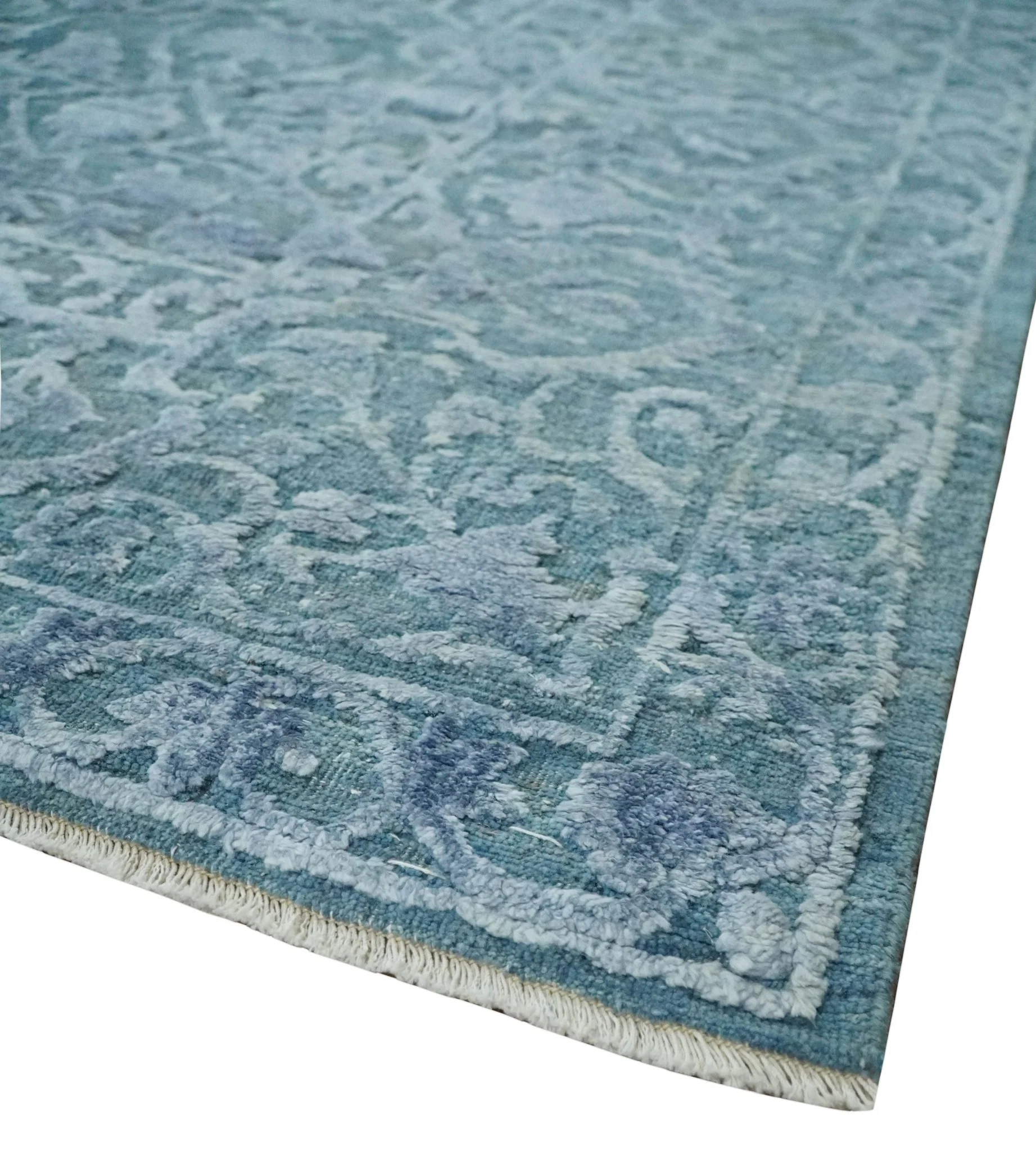 8x9.7 Blue Antique Style, Distressed Finish Hand Carved Traditional Medalian Hand Knotted Wool and Silk Rug - Image 5