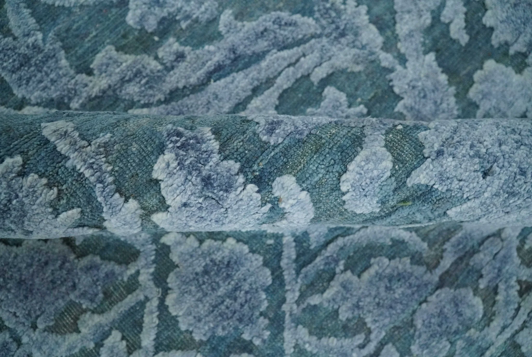 8x9.7 Blue Antique Style, Distressed Finish Hand Carved Traditional Medalian Hand Knotted Wool and Silk Rug - Image 6
