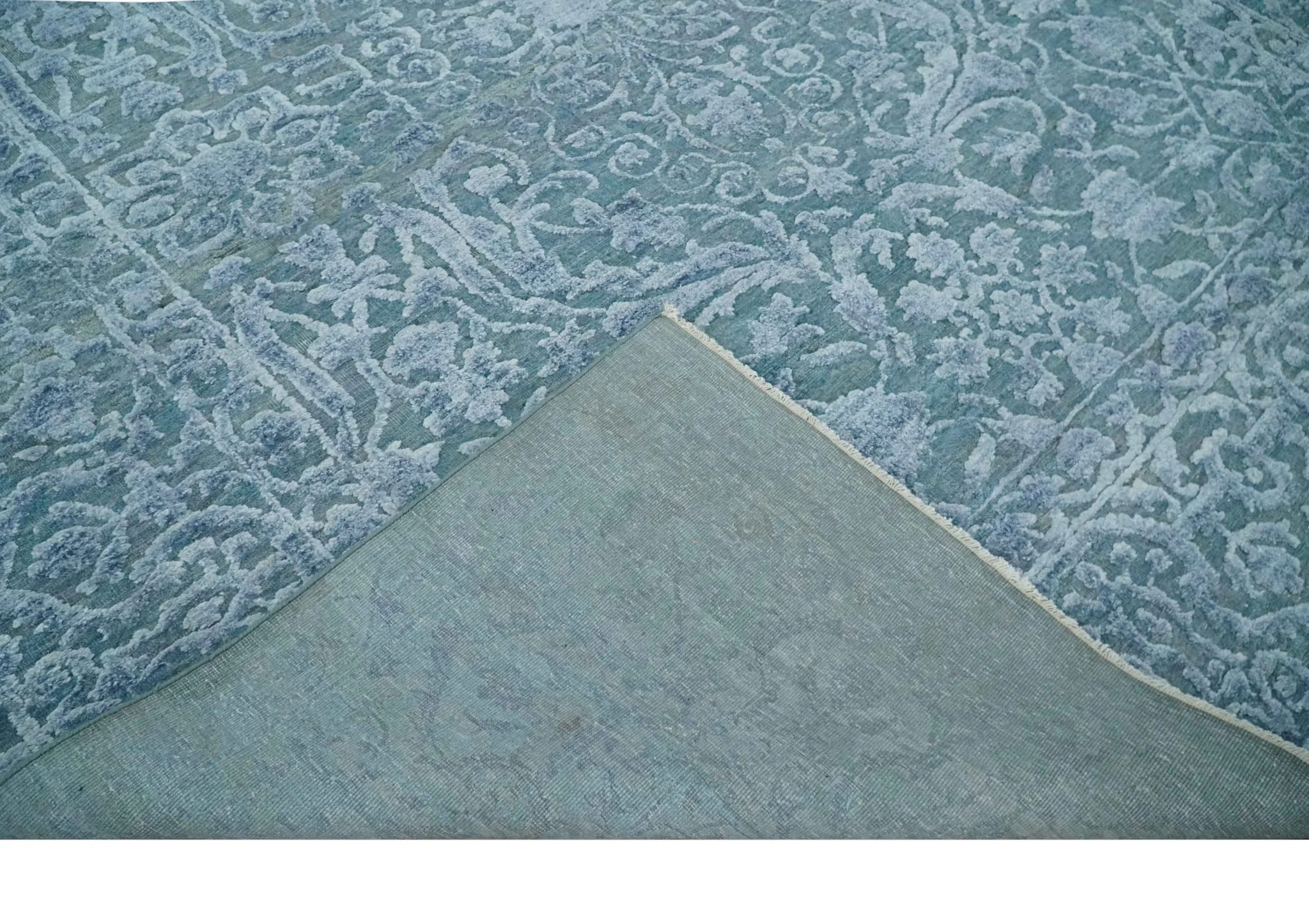 8x9.7 Blue Antique Style, Distressed Finish Hand Carved Traditional Medalian Hand Knotted Wool and Silk Rug - Image 7