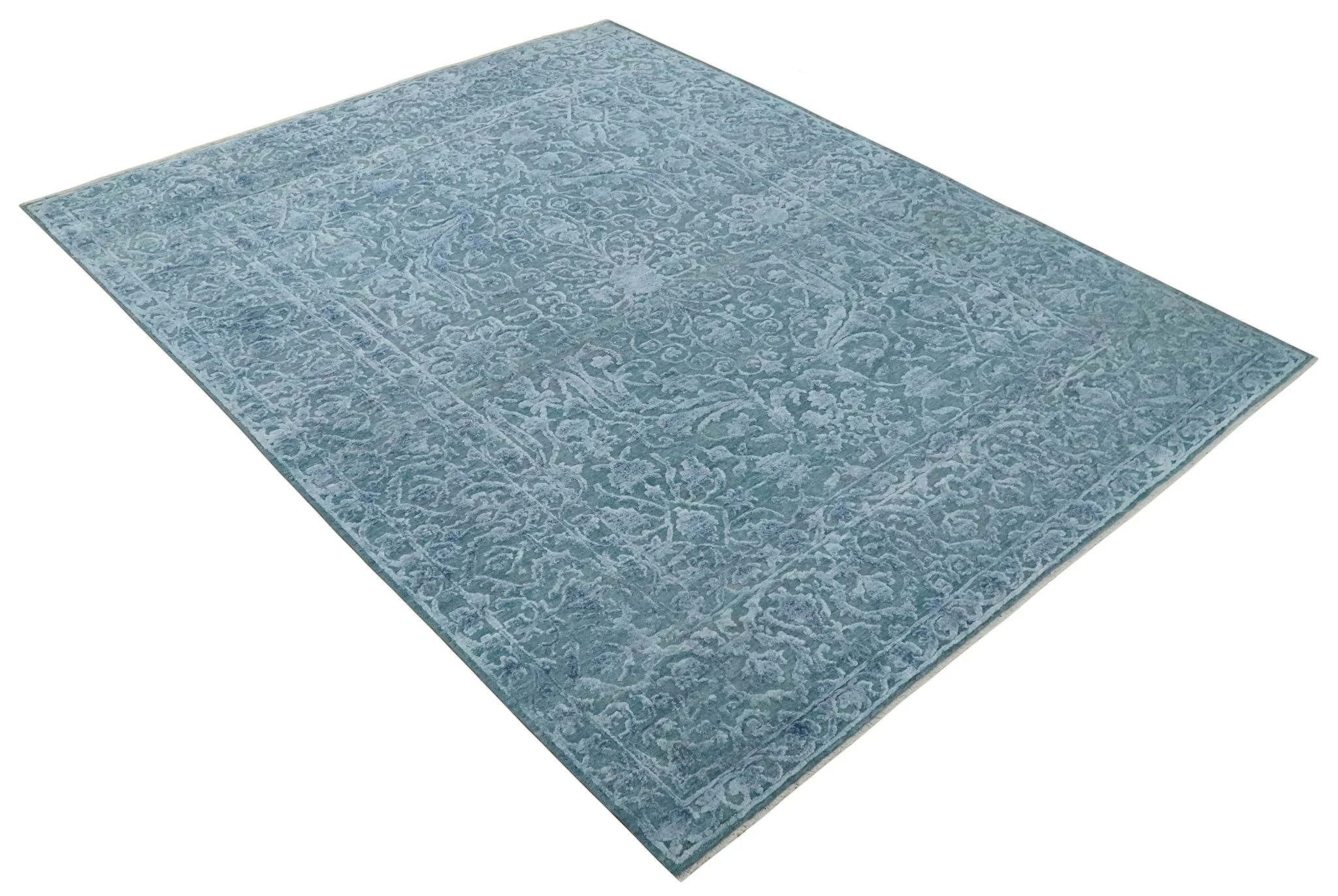 8x9.7 Blue Antique Style, Distressed Finish Hand Carved Traditional Medalian Hand Knotted Wool and Silk Rug - Image 9
