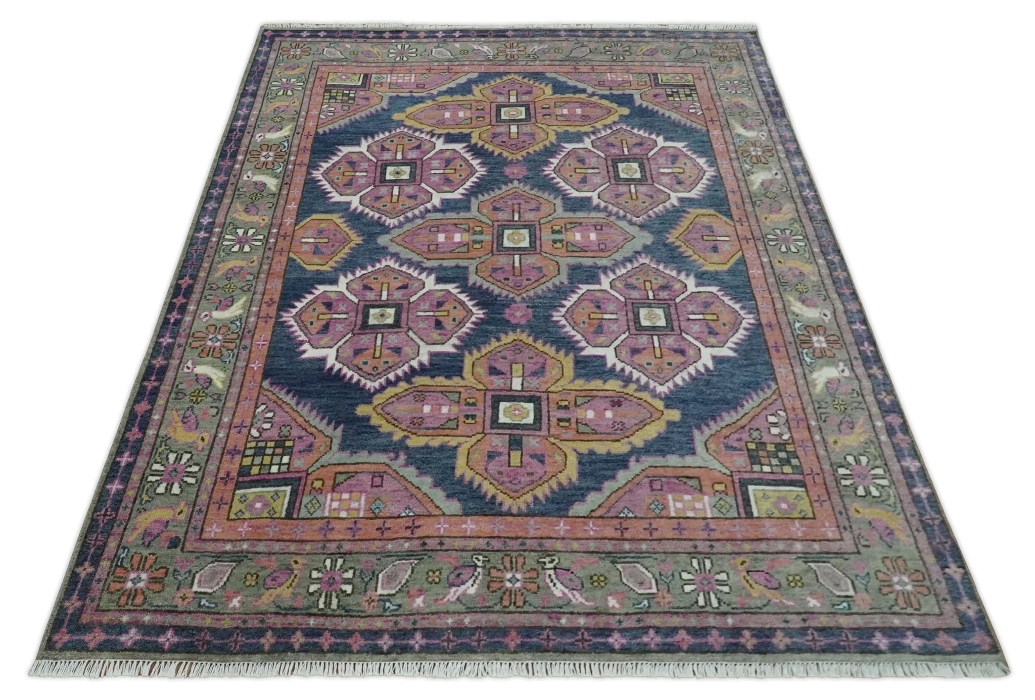 Blue, Purple and Green hand knotted Traditional Heriz Serapi Wool Area Rug - Image 10