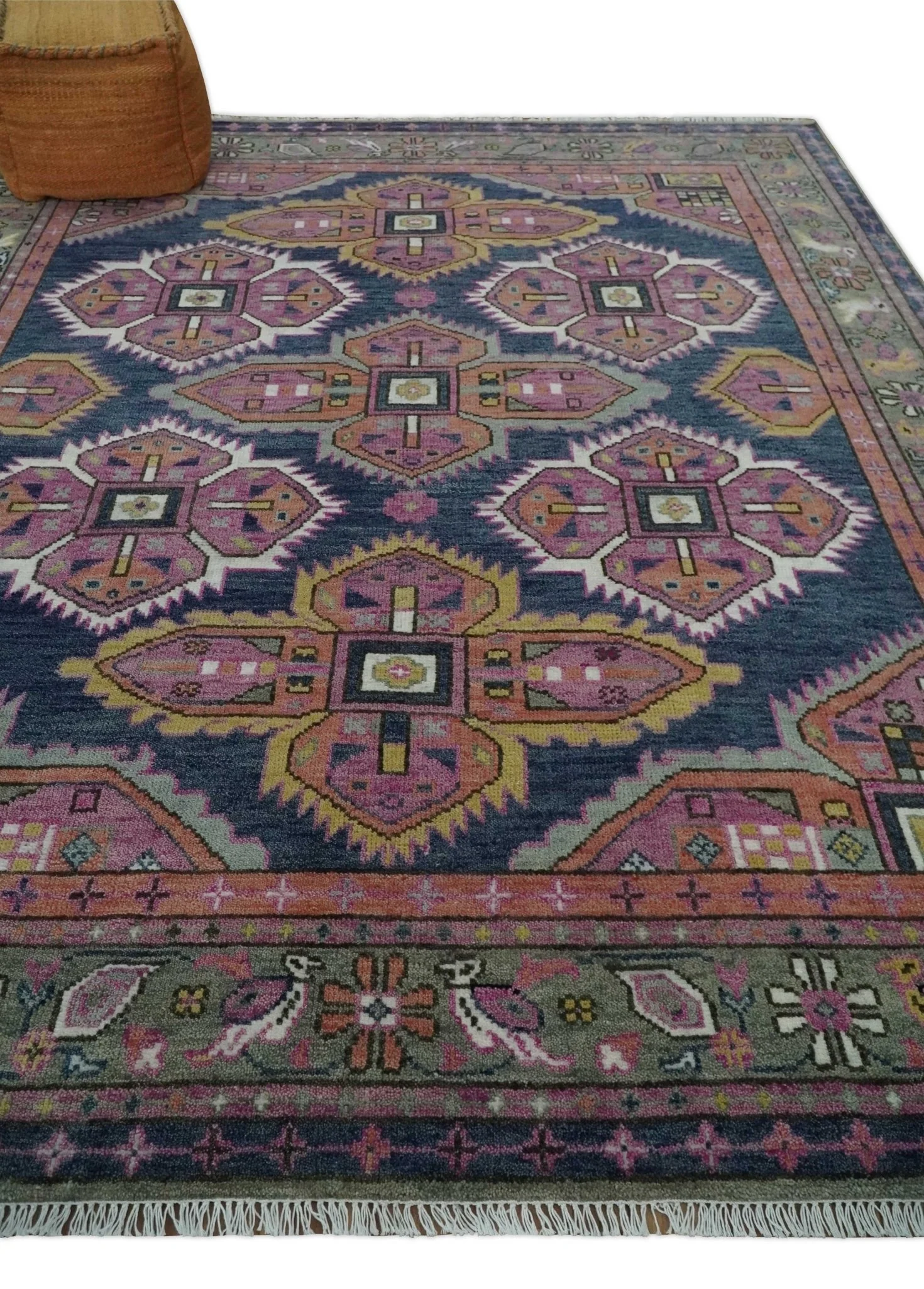 Blue, Purple and Green hand knotted Traditional Heriz Serapi Wool Area Rug - Image 3