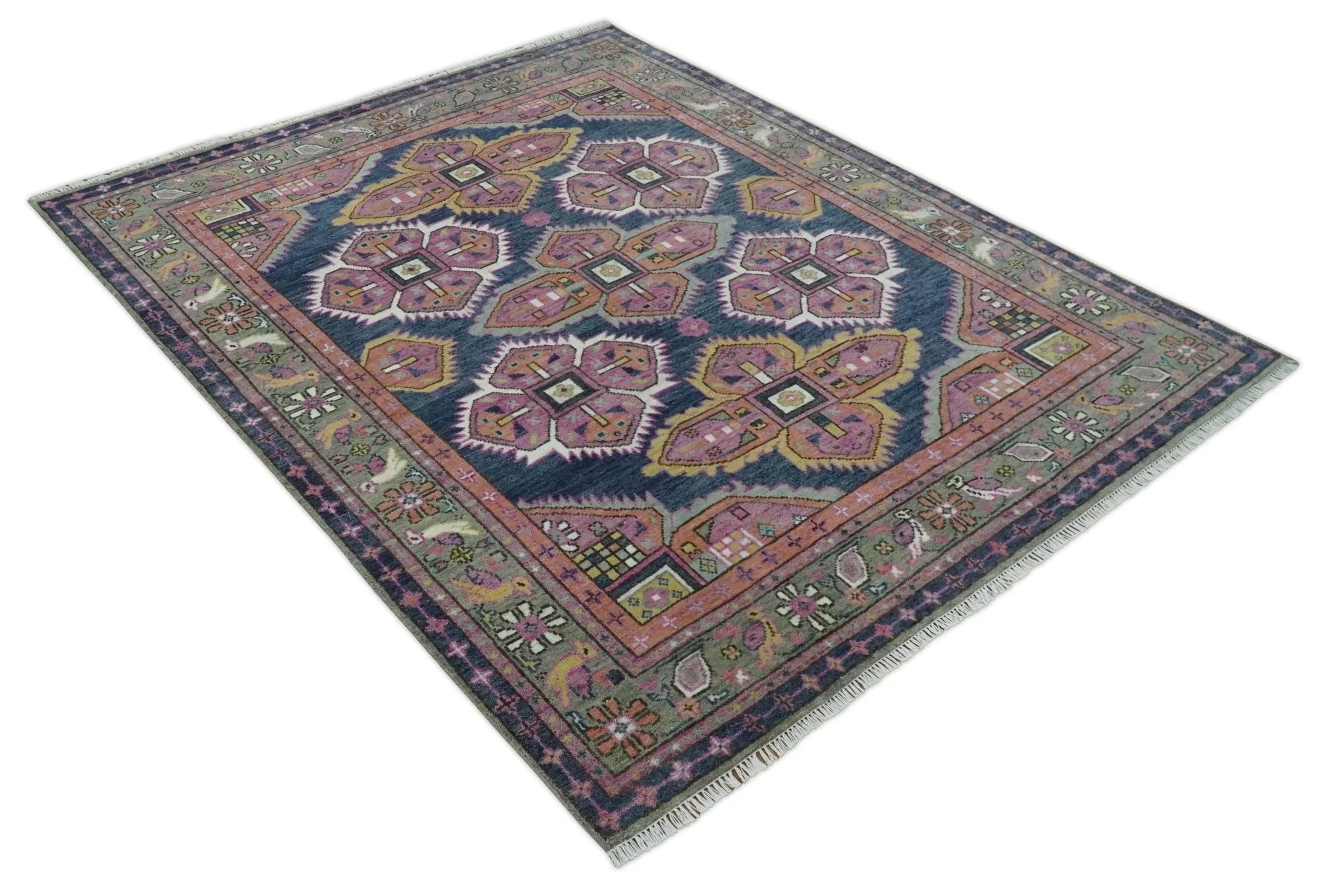 Blue, Purple and Green hand knotted Traditional Heriz Serapi Wool Area Rug - Image 9