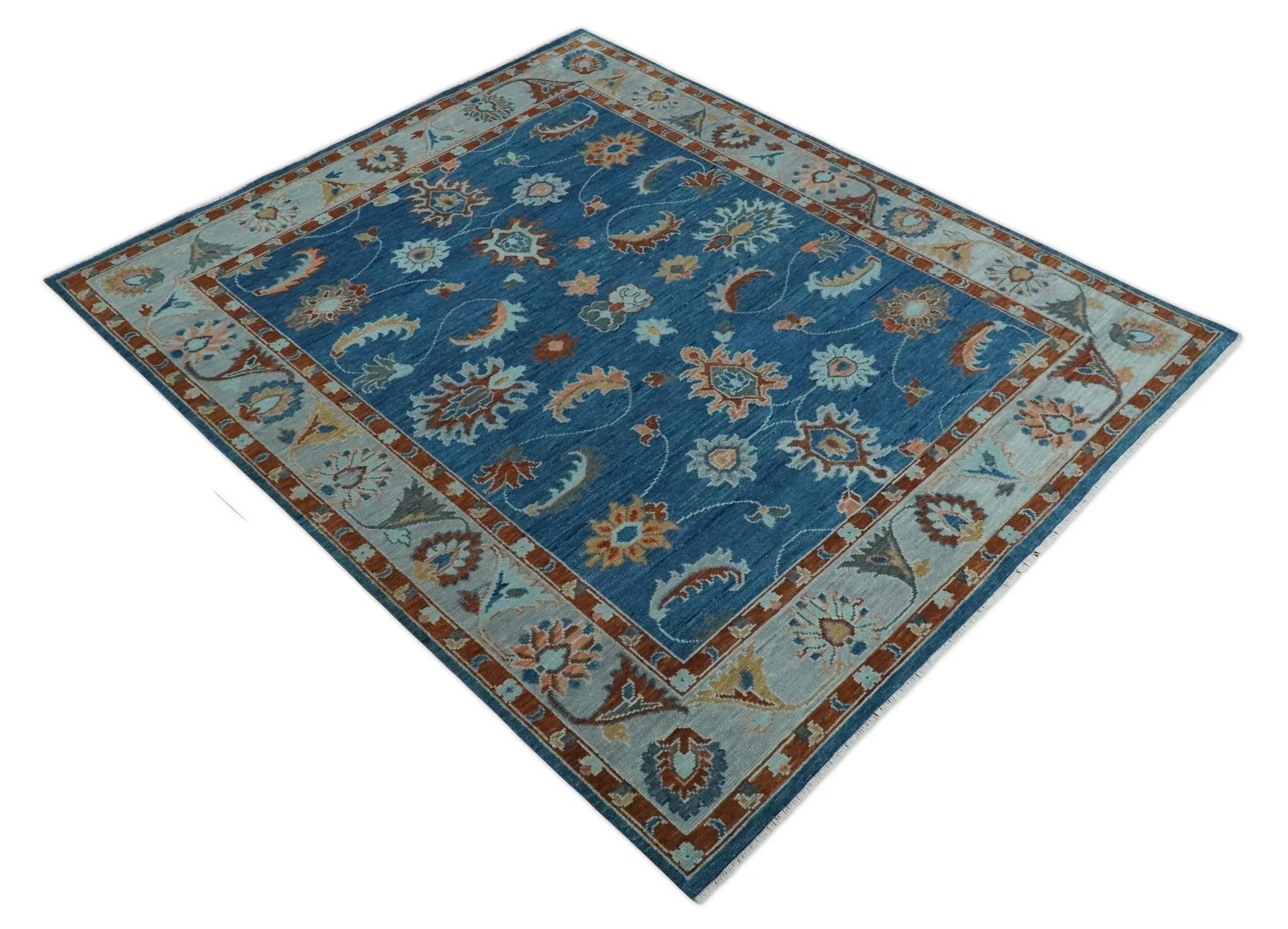 Blue, Rust and Aqua Hand Knotted Floral Multi Size Oushak Wool Area Rug - Image 10