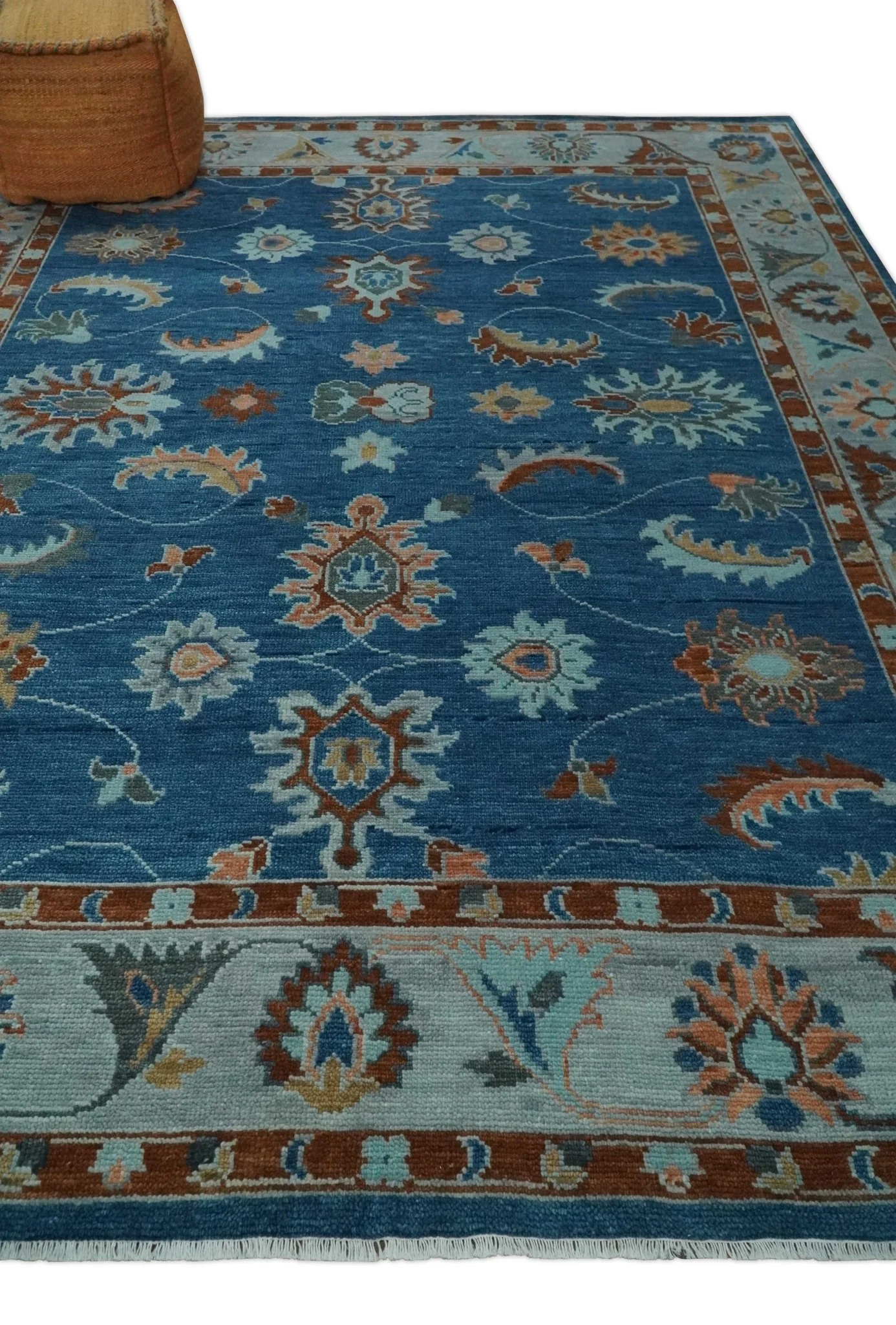 Blue, Rust and Aqua Hand Knotted Floral Multi Size Oushak Wool Area Rug - Image 3