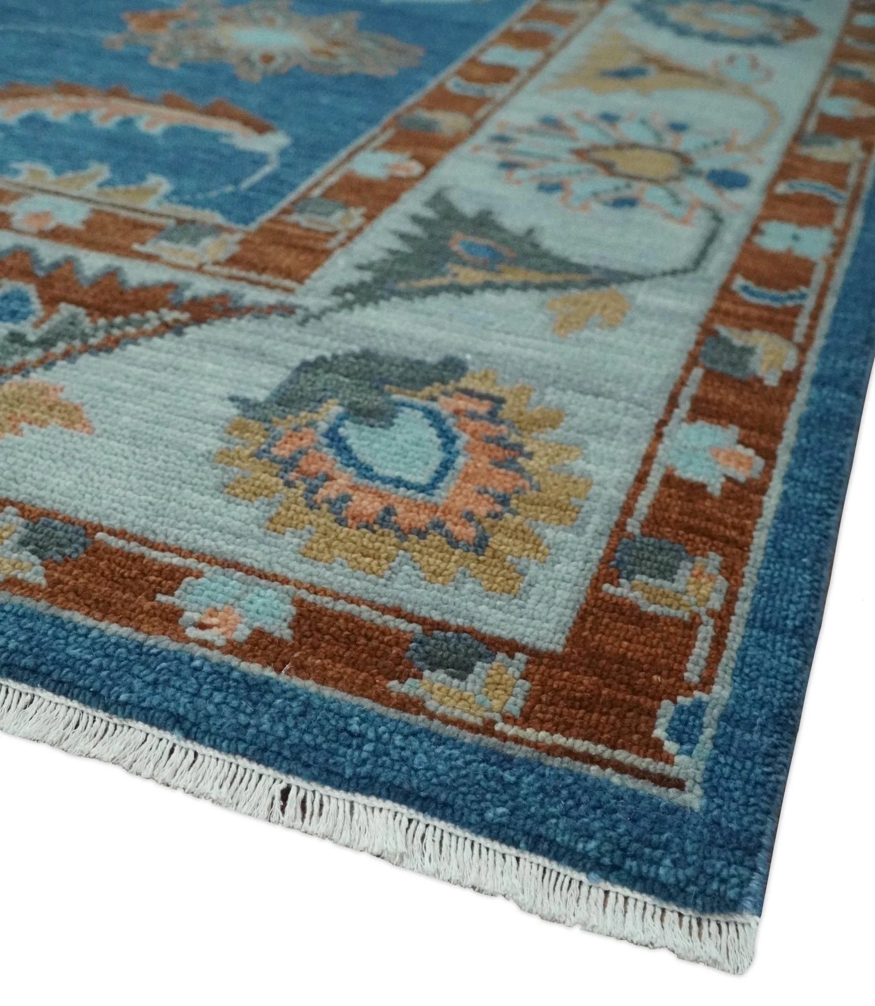 Blue, Rust and Aqua Hand Knotted Floral Multi Size Oushak Wool Area Rug - Image 5