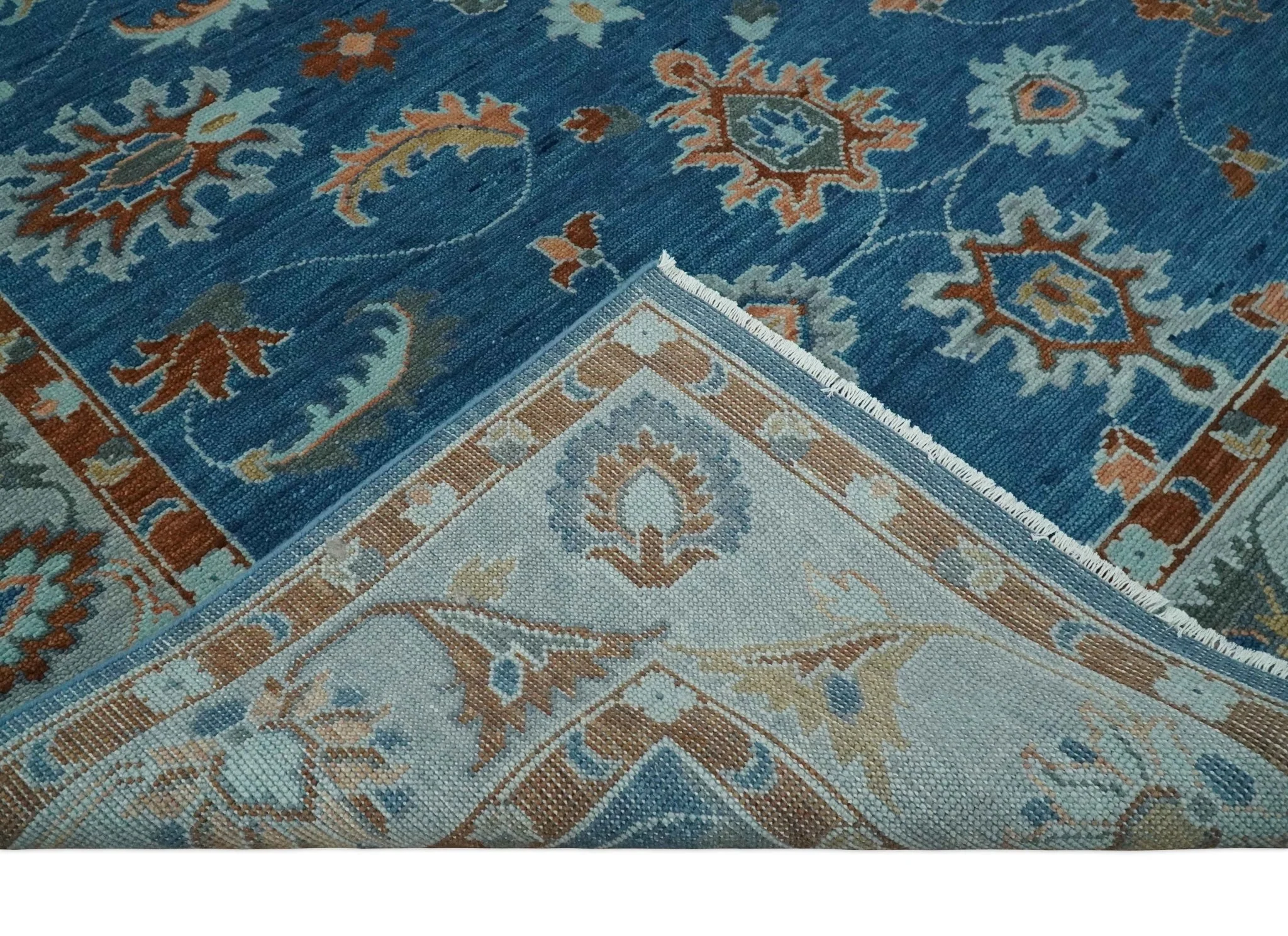Blue, Rust and Aqua Hand Knotted Floral Multi Size Oushak Wool Area Rug - Image 7