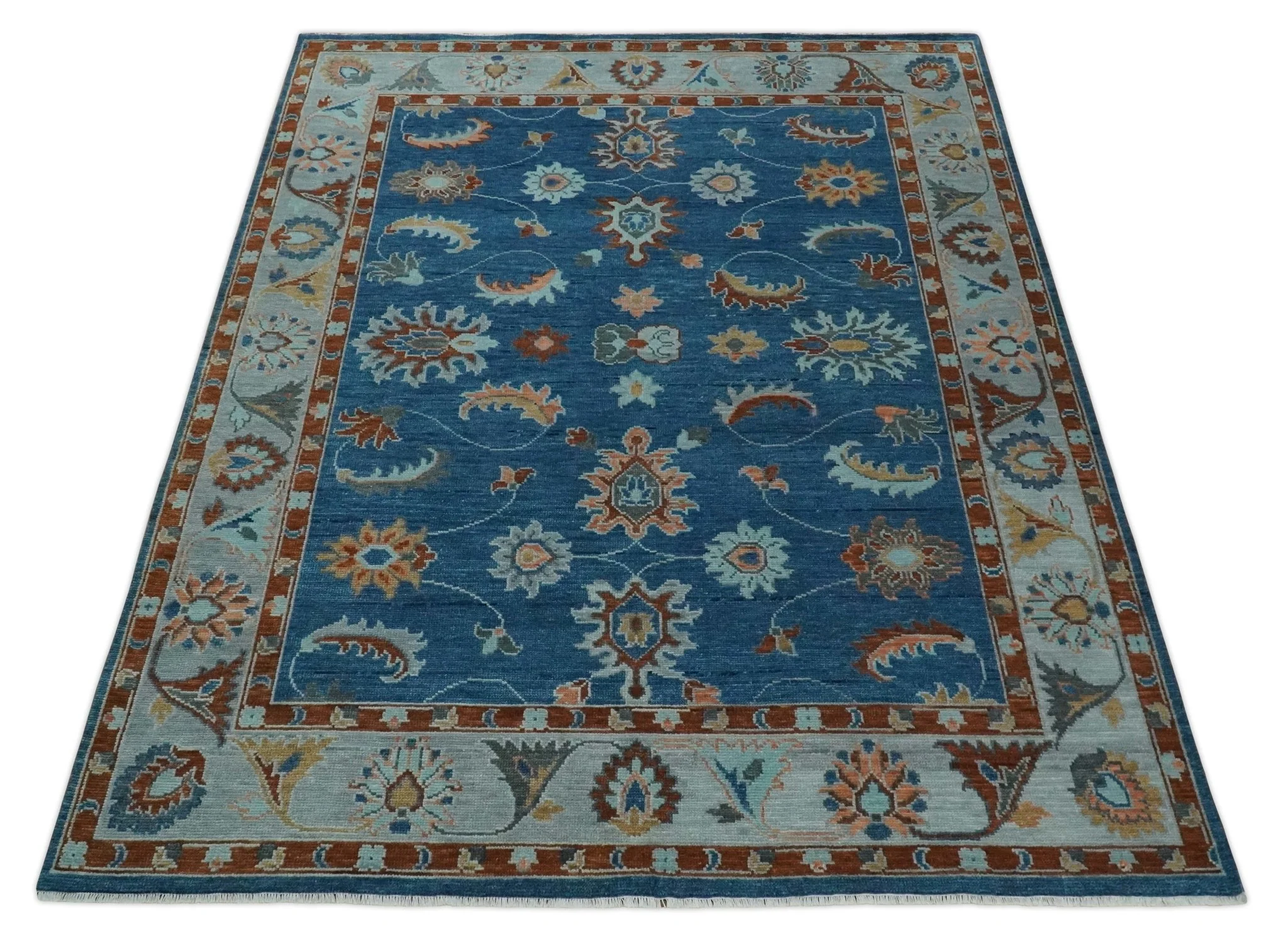 Blue, Rust and Aqua Hand Knotted Floral Multi Size Oushak Wool Area Rug - Image 9