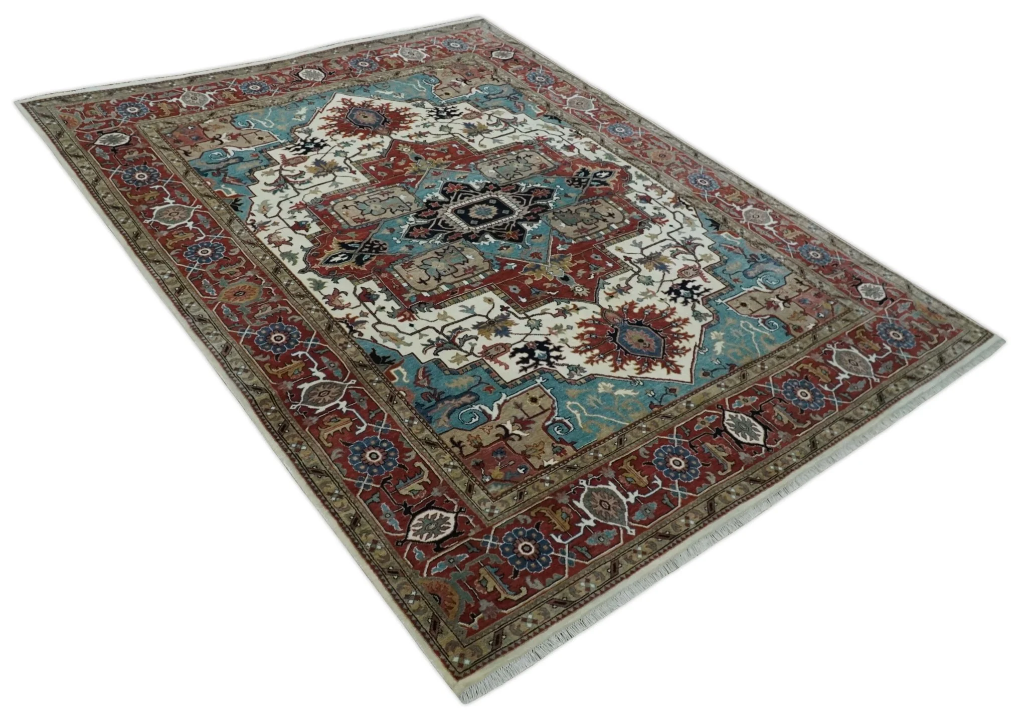 Ready to Ship Blue, Rust and Ivory 8x10 Hand knotted Traditional Wool Area Rug - Image 10