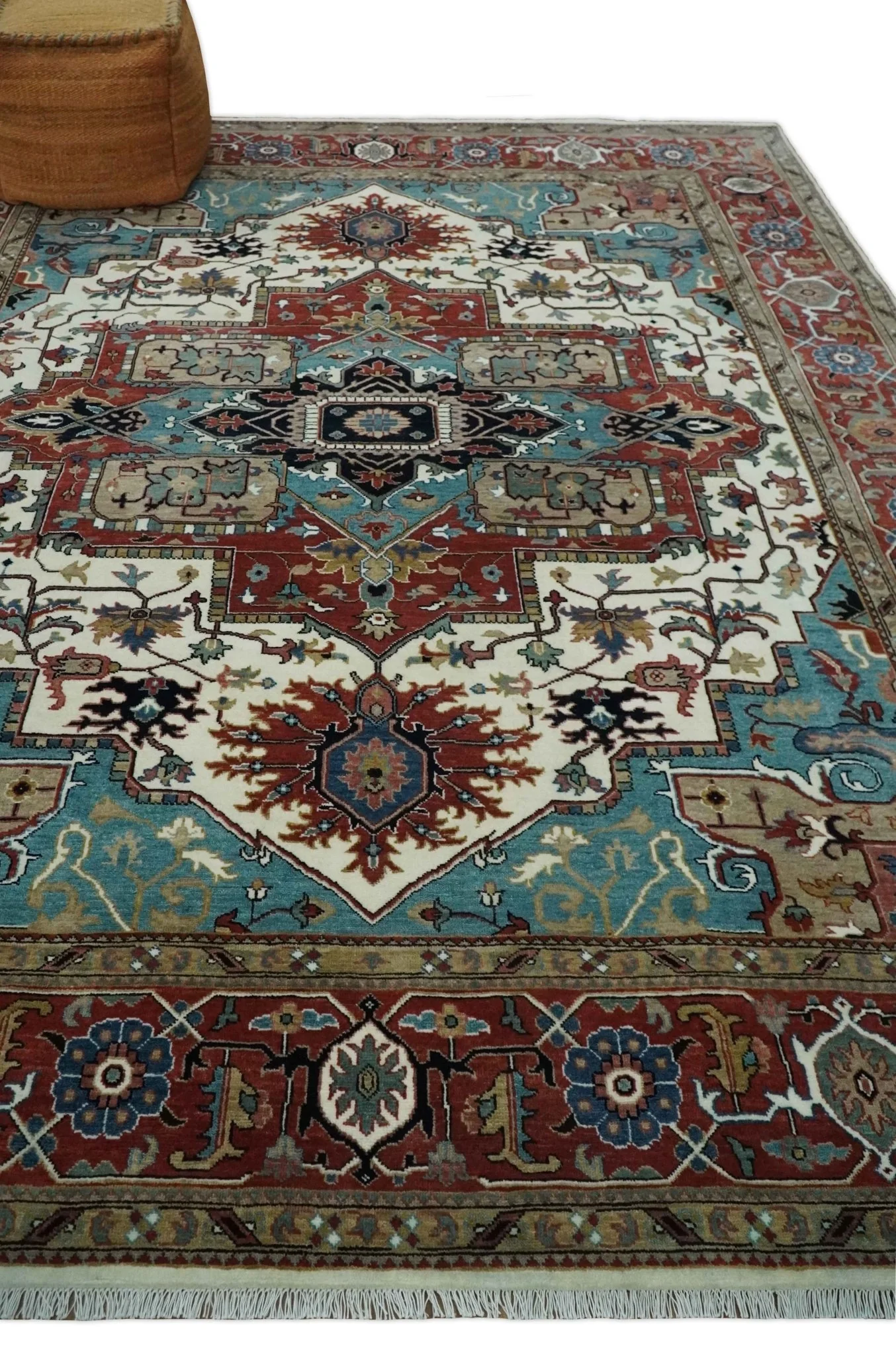Ready to Ship Blue, Rust and Ivory 8x10 Hand knotted Traditional Wool Area Rug - Image 3