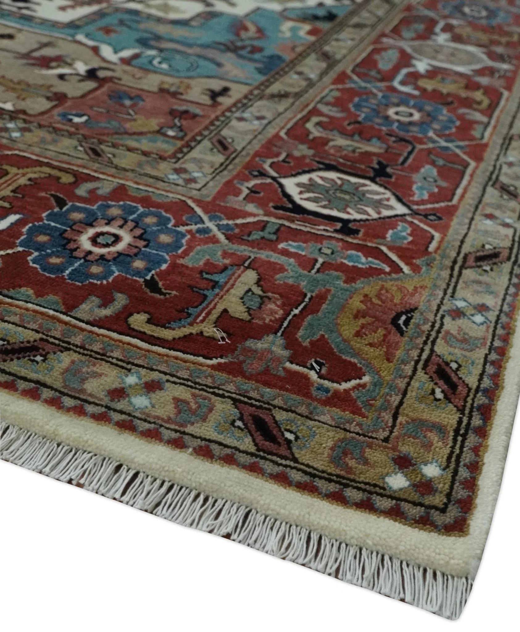 Ready to Ship Blue, Rust and Ivory 8x10 Hand knotted Traditional Wool Area Rug - Image 5