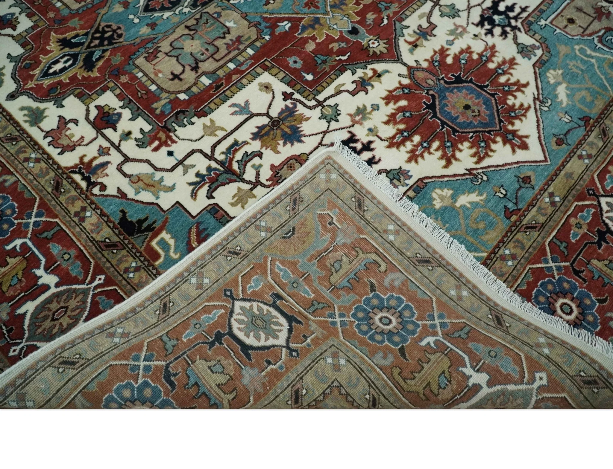 Ready to Ship Blue, Rust and Ivory 8x10 Hand knotted Traditional Wool Area Rug - Image 7