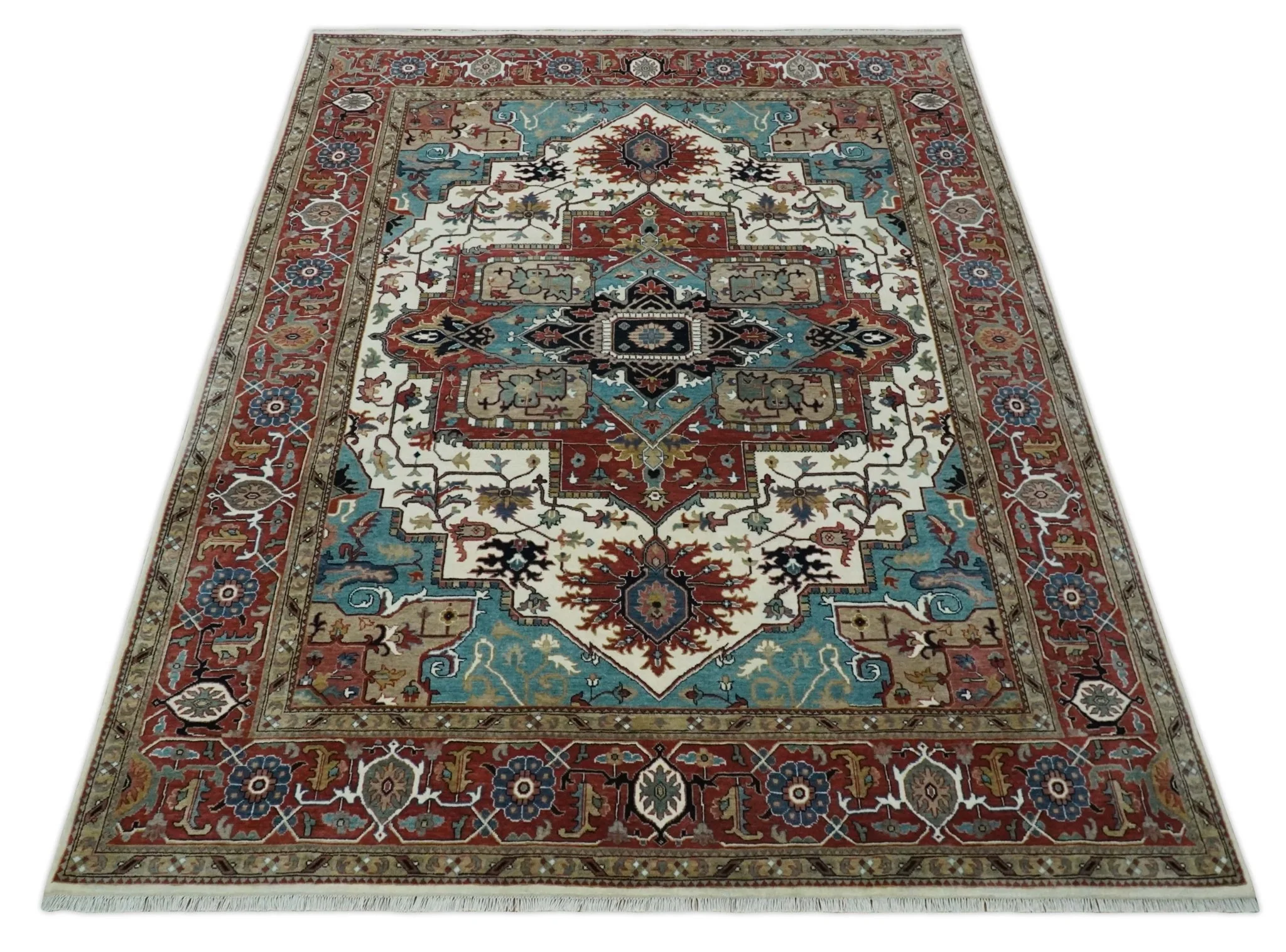 Ready to Ship Blue, Rust and Ivory 8x10 Hand knotted Traditional Wool Area Rug - Image 9