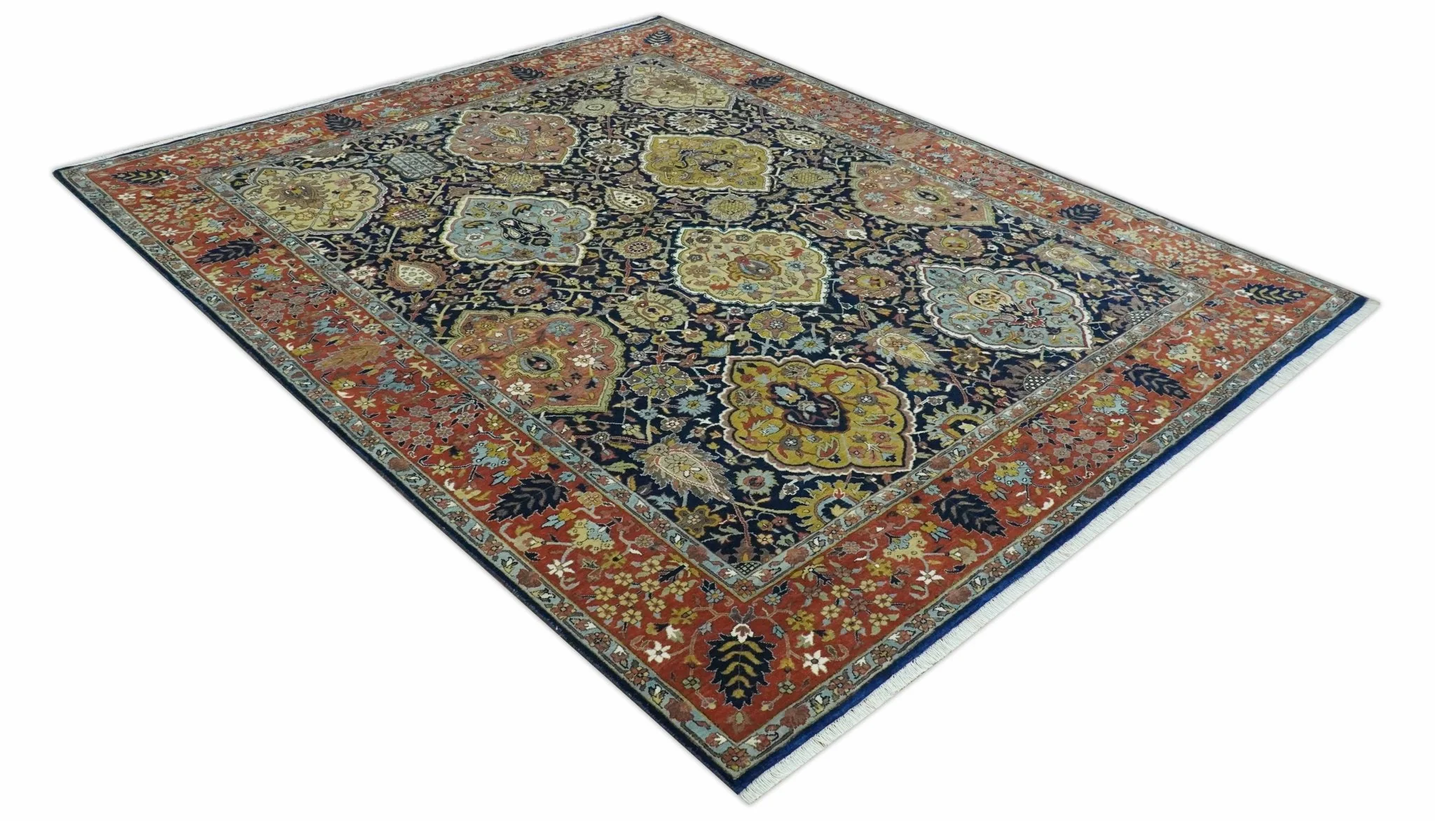 Blue, Rust and Mustard Traditional Large Design 8.4x10 fine wool area rug - Image 3