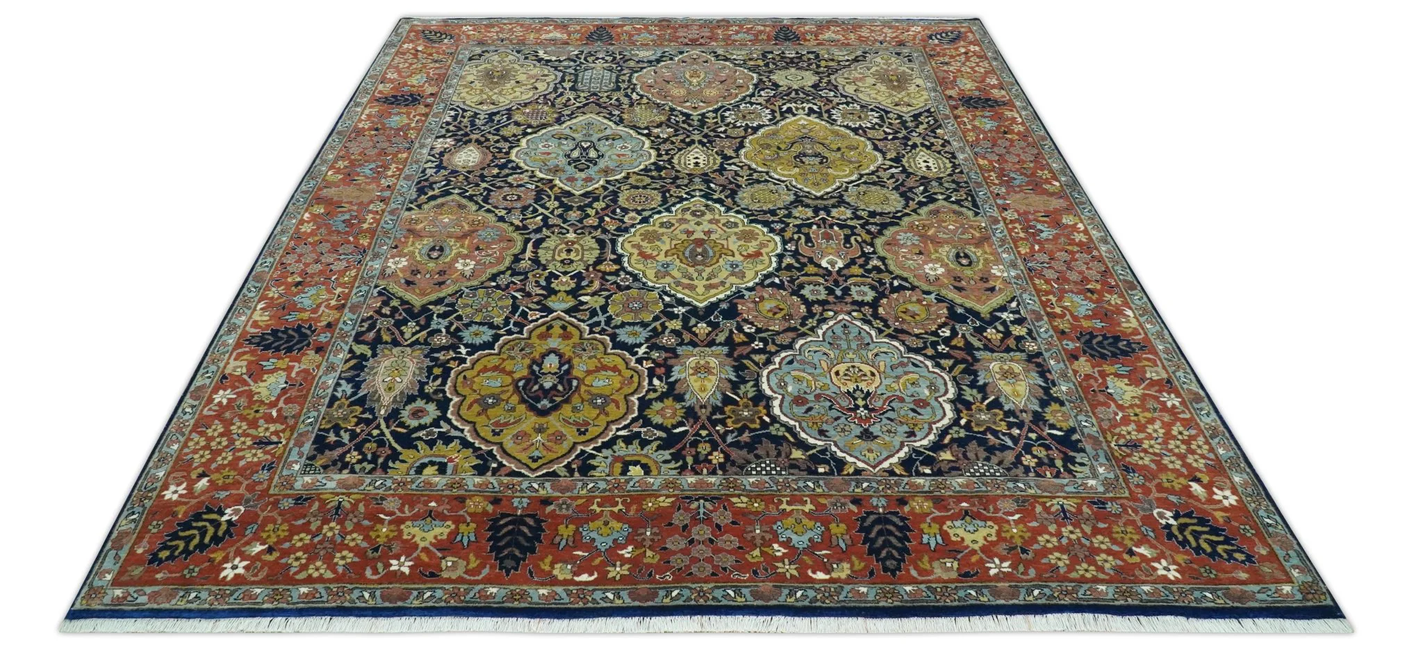 Blue, Rust and Mustard Traditional Large Design 8.4x10 fine wool area rug - Image 4