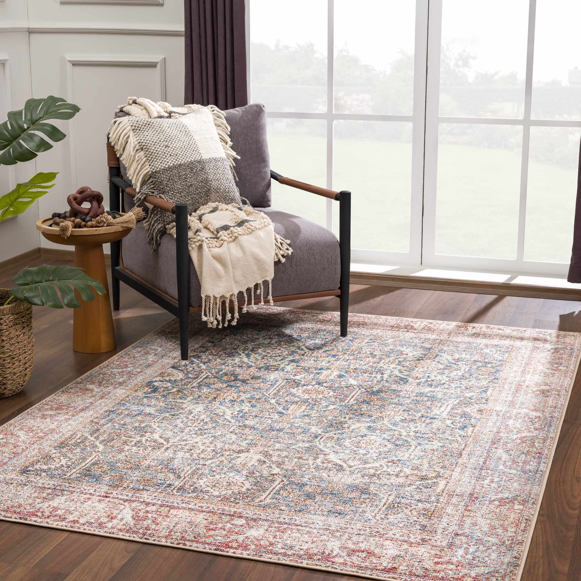 Blue, Rust, Ivory and Beige Traditional Oriental Oushak Washable Area Rug - Image 6