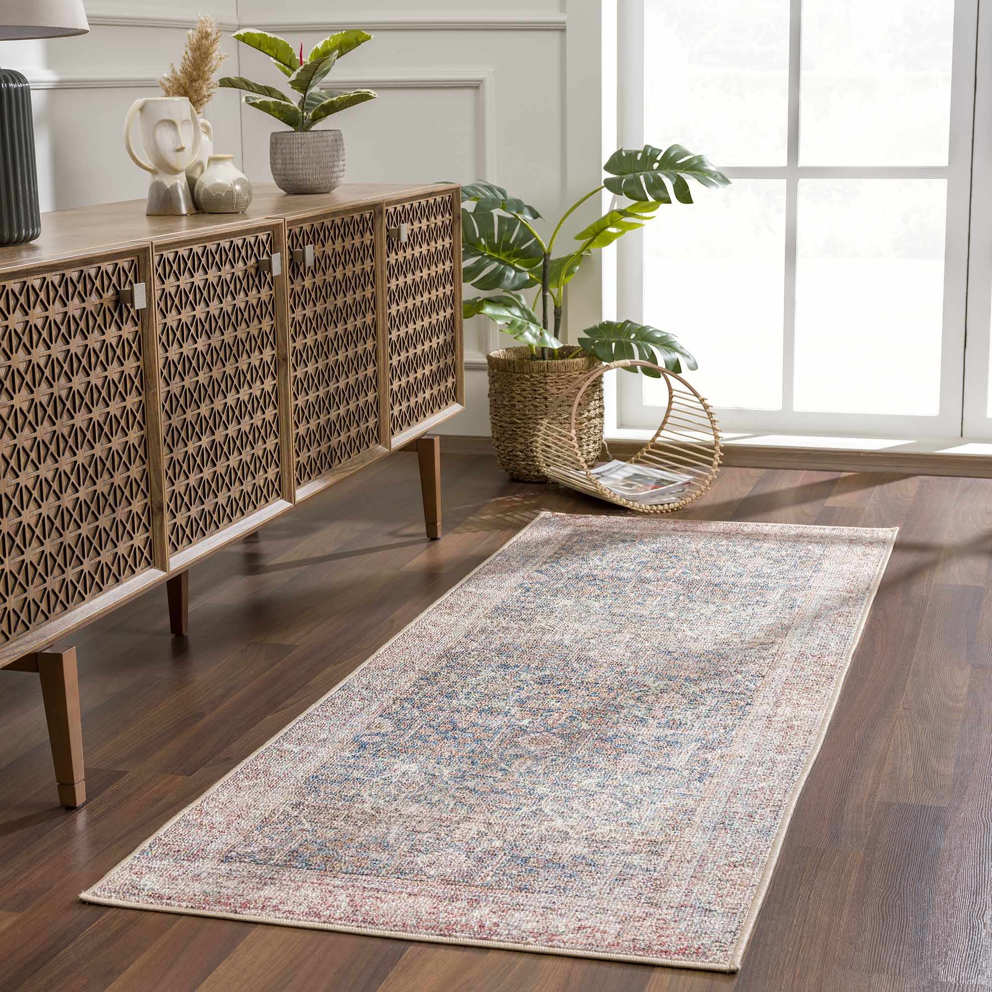 Blue, Rust, Ivory and Beige Traditional Oriental Oushak Washable Area Rug - Image 7