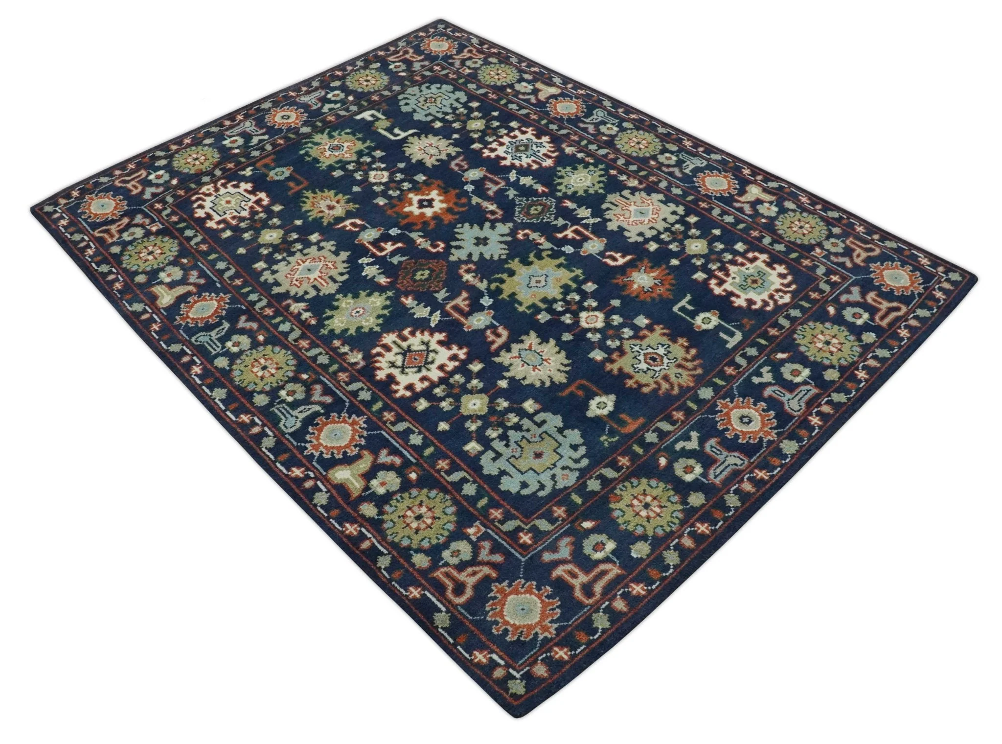 Vibrant colorful Blue, Rust, Ivory and Olive Hand knotted Traditional Oushak Custom Made wool Area Rug - Image 10