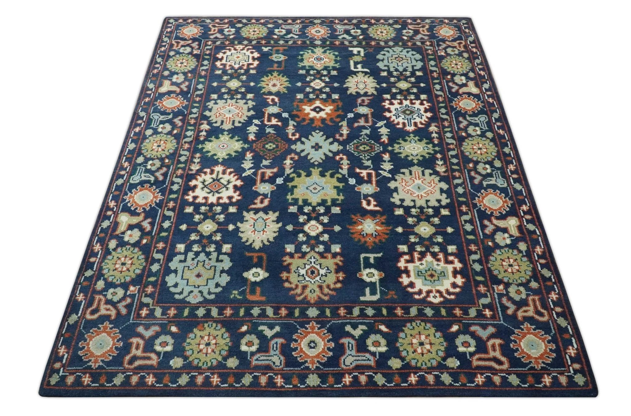 Vibrant colorful Blue, Rust, Ivory and Olive Hand knotted Traditional Oushak Custom Made wool Area Rug - Image 11