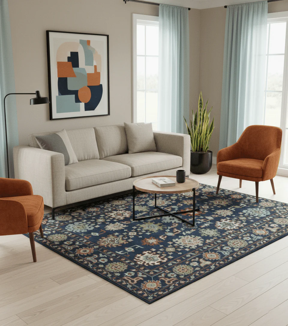 Vibrant colorful Blue, Rust, Ivory and Olive Hand knotted Traditional Oushak Custom Made wool Area Rug - Image 2