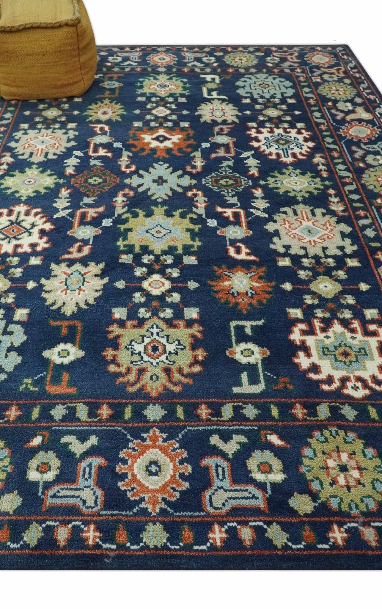 Vibrant colorful Blue, Rust, Ivory and Olive Hand knotted Traditional Oushak Custom Made wool Area Rug - Image 4