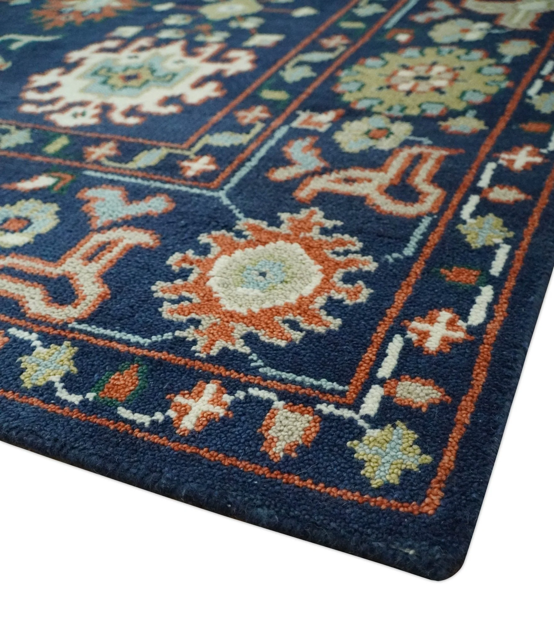 Vibrant colorful Blue, Rust, Ivory and Olive Hand knotted Traditional Oushak Custom Made wool Area Rug - Image 6