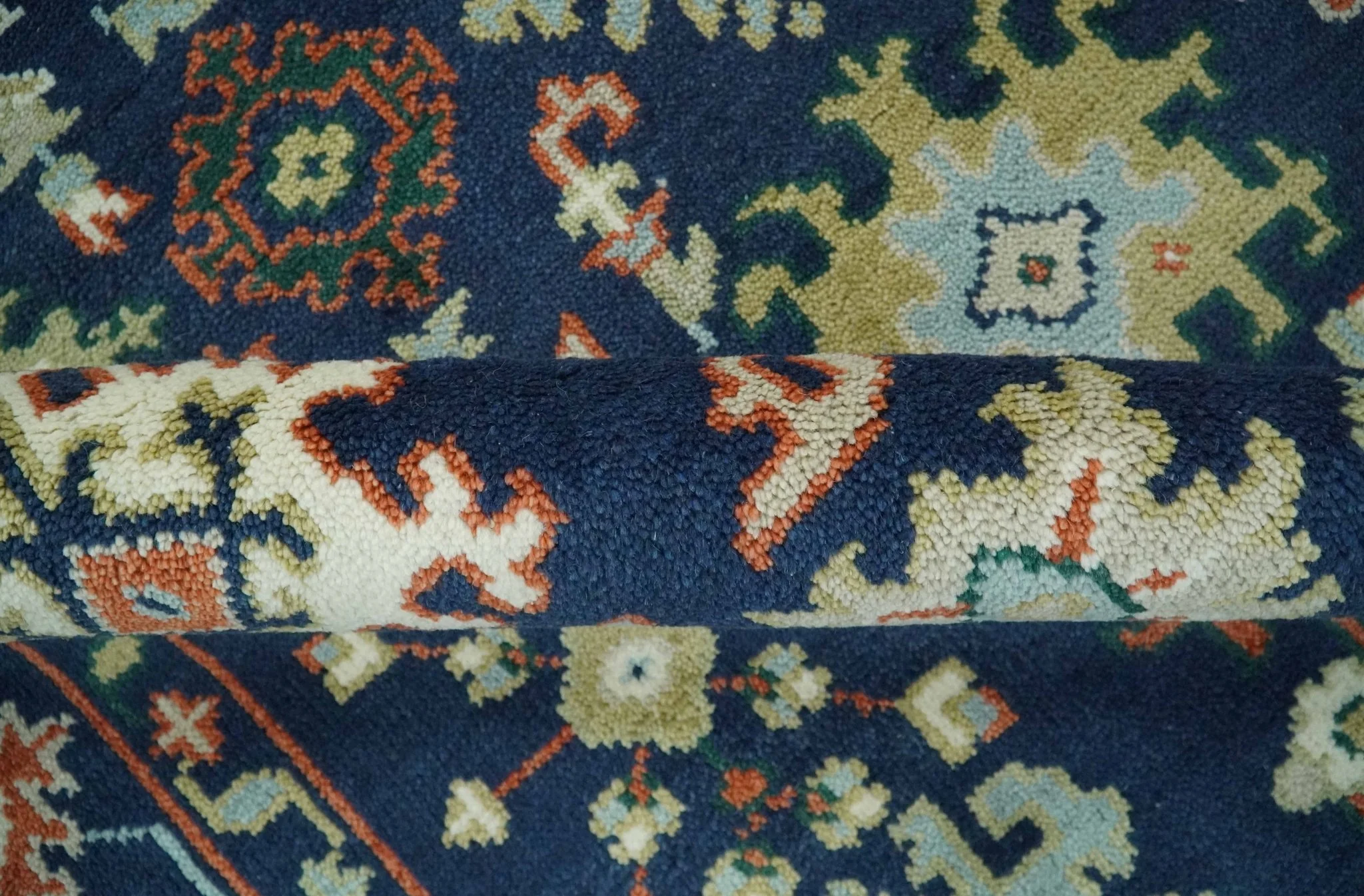 Vibrant colorful Blue, Rust, Ivory and Olive Hand knotted Traditional Oushak Custom Made wool Area Rug - Image 7