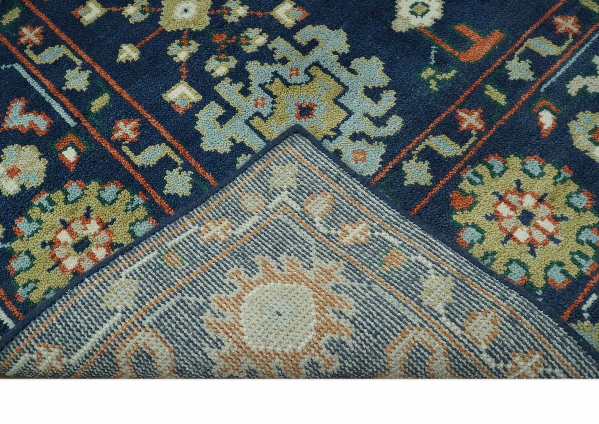 Vibrant colorful Blue, Rust, Ivory and Olive Hand knotted Traditional Oushak Custom Made wool Area Rug - Image 8