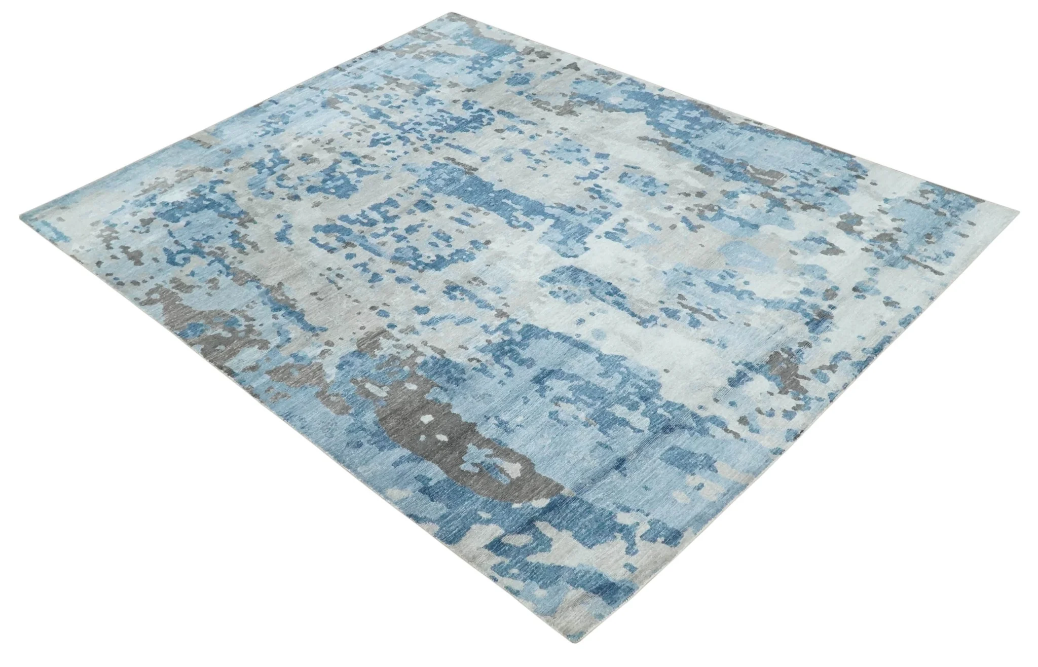Blue, Silver and Brown Hand knotted Abstract wool and Silk Blended 8x10 Area Rug - Image 10