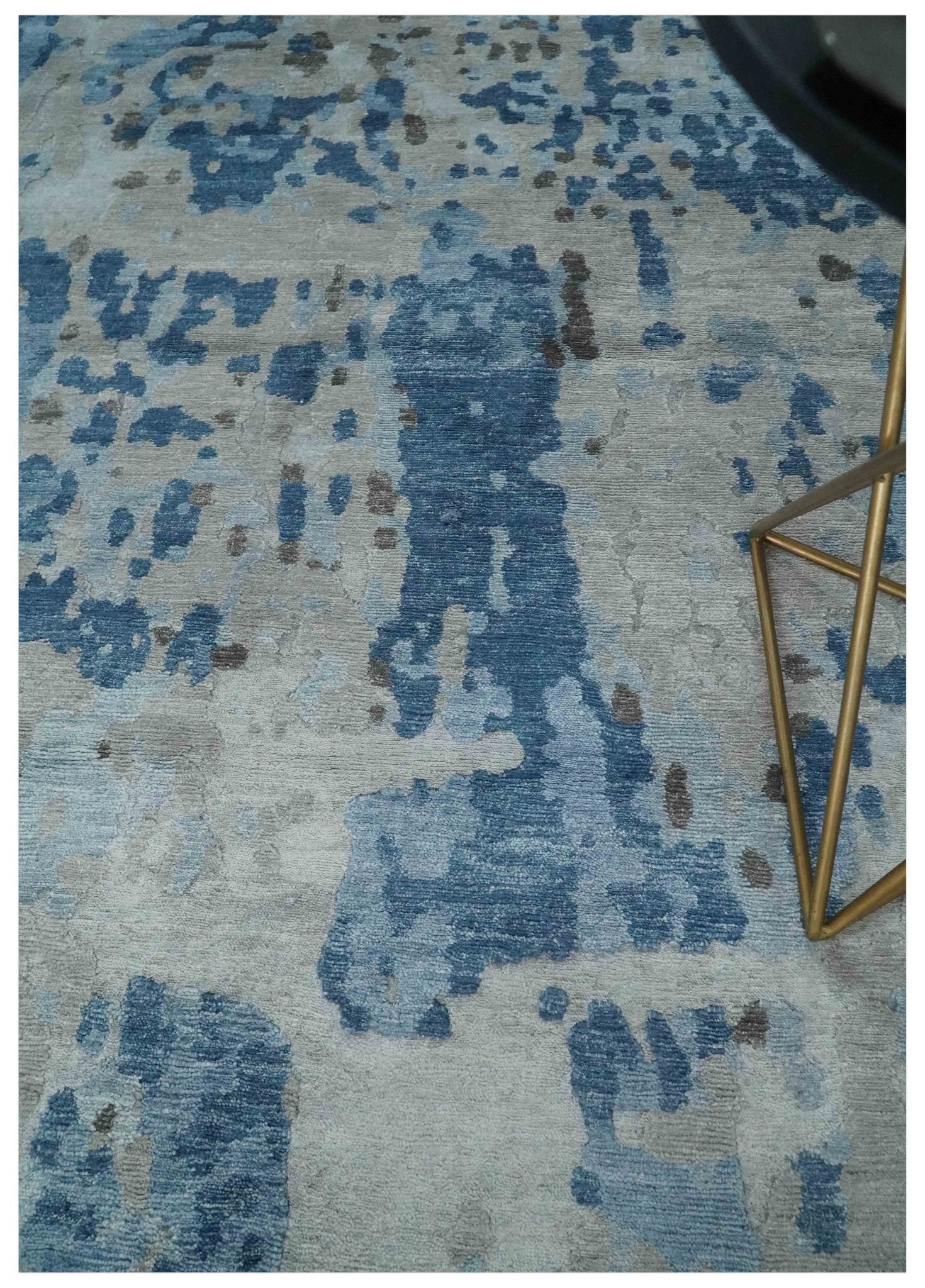 Blue, Silver and Brown Hand knotted Abstract wool and Silk Blended 8x10 Area Rug - Image 2