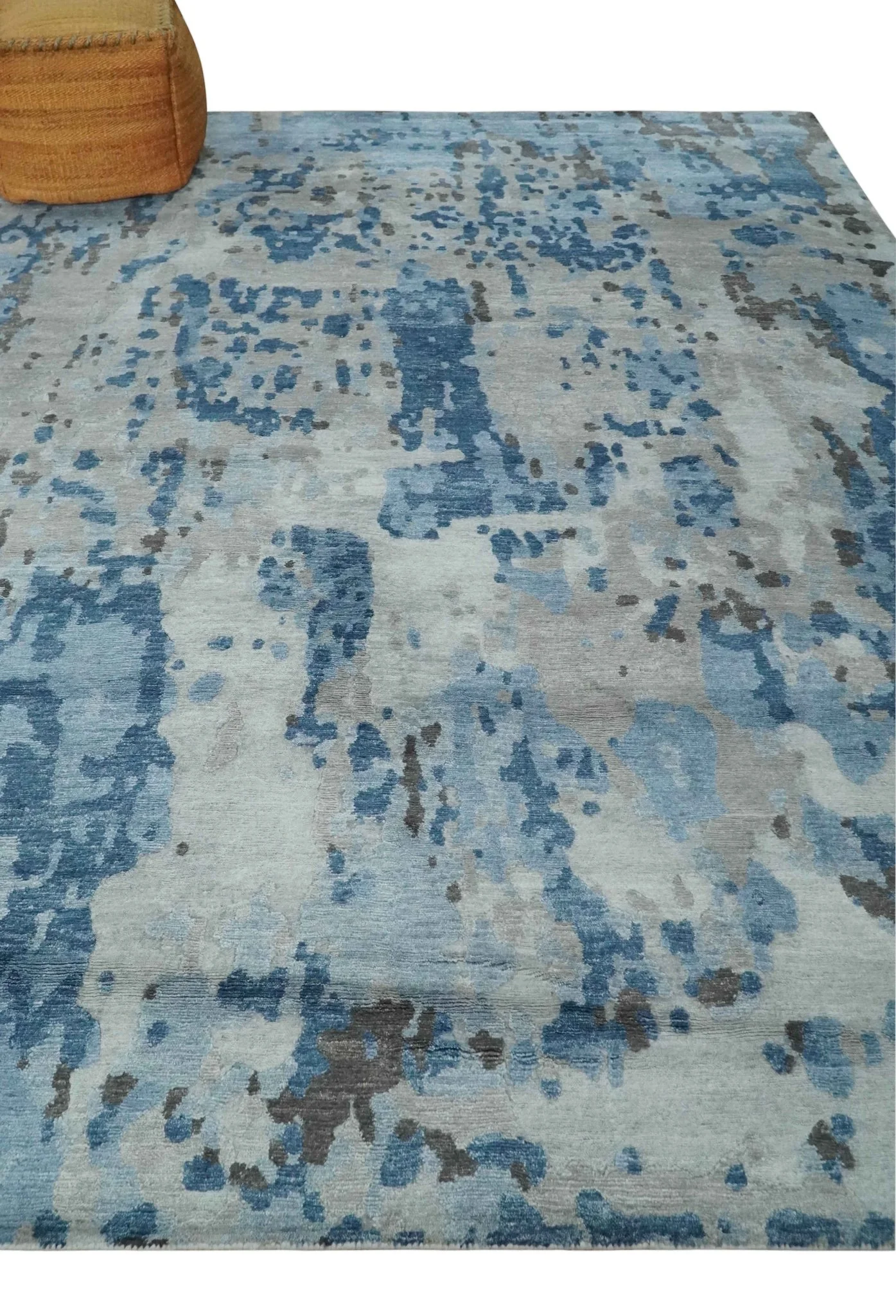 Blue, Silver and Brown Hand knotted Abstract wool and Silk Blended 8x10 Area Rug - Image 3