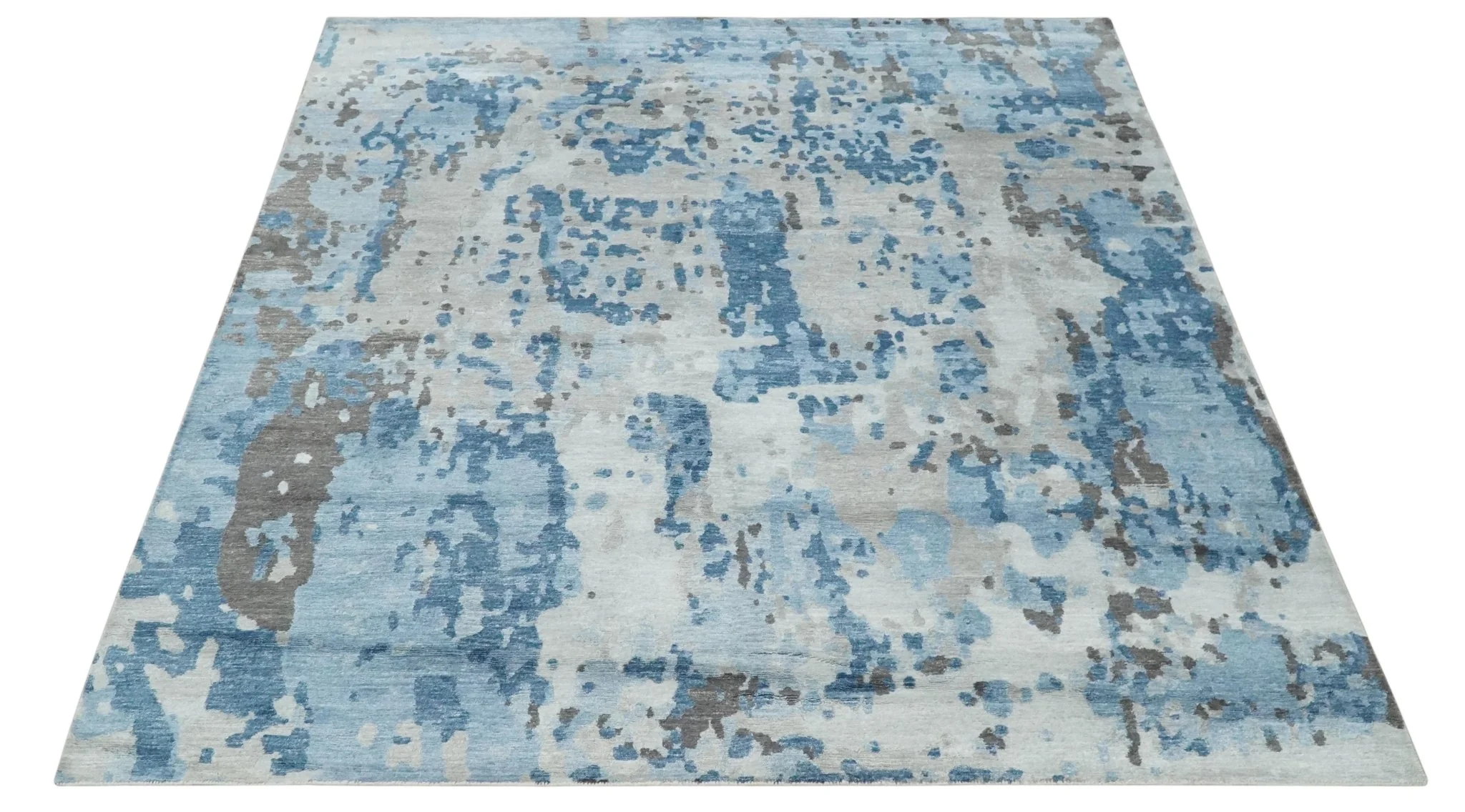 Blue, Silver and Brown Hand knotted Abstract wool and Silk Blended 8x10 Area Rug - Image 9