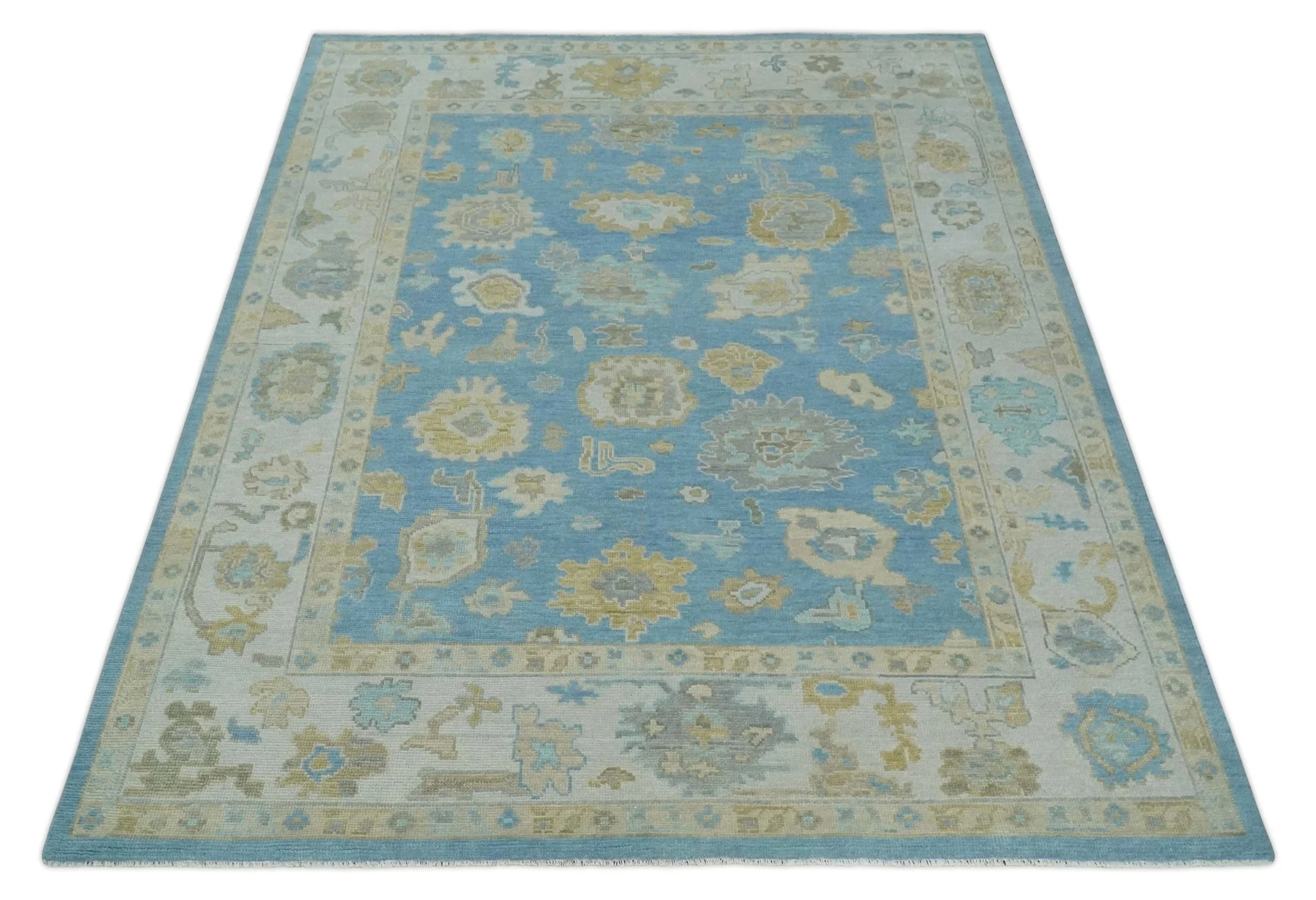 Blue, Silver and Brown Hand Knotted Traditional Oushak wool Rug - Image 10