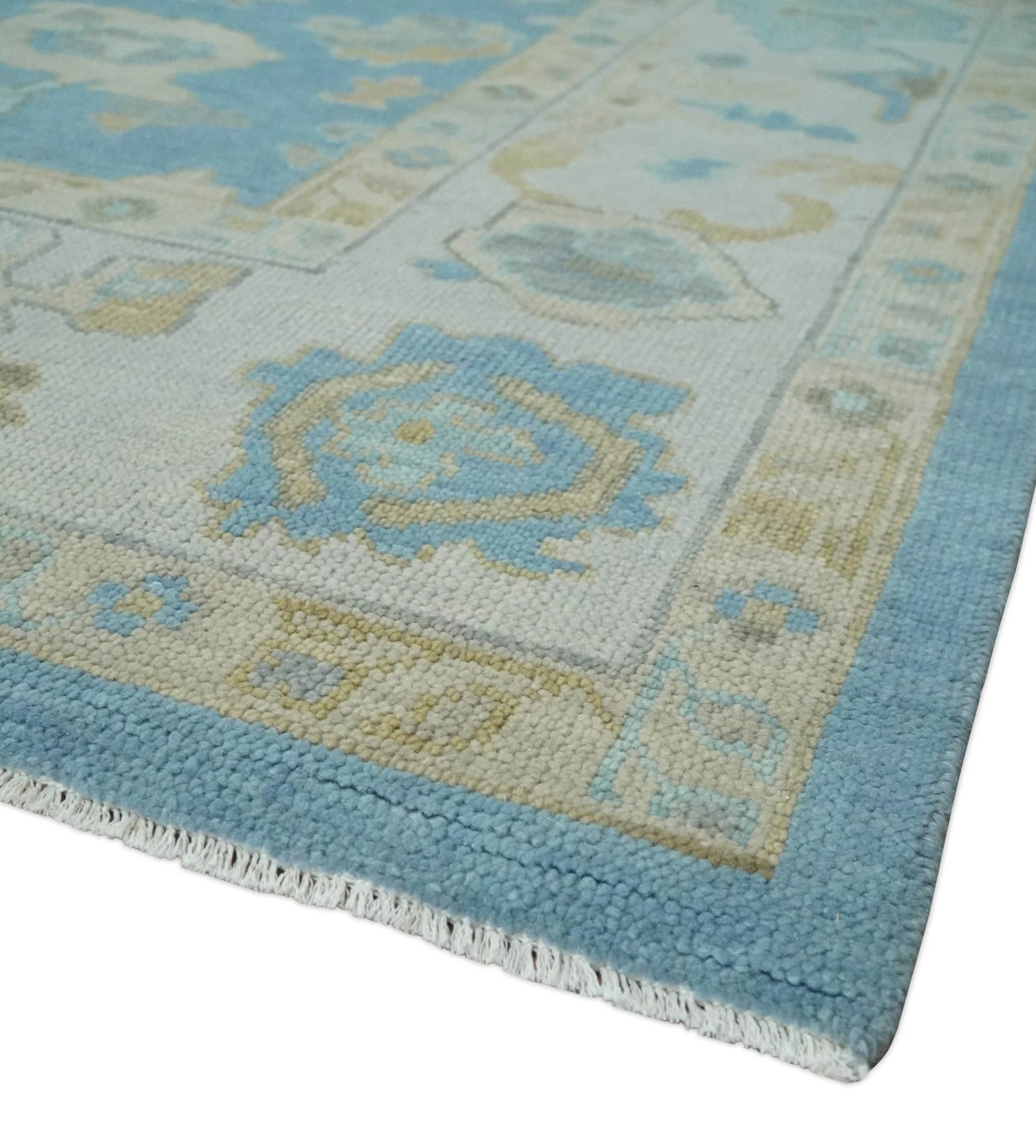 Blue, Silver and Brown Hand Knotted Traditional Oushak wool Rug - Image 5