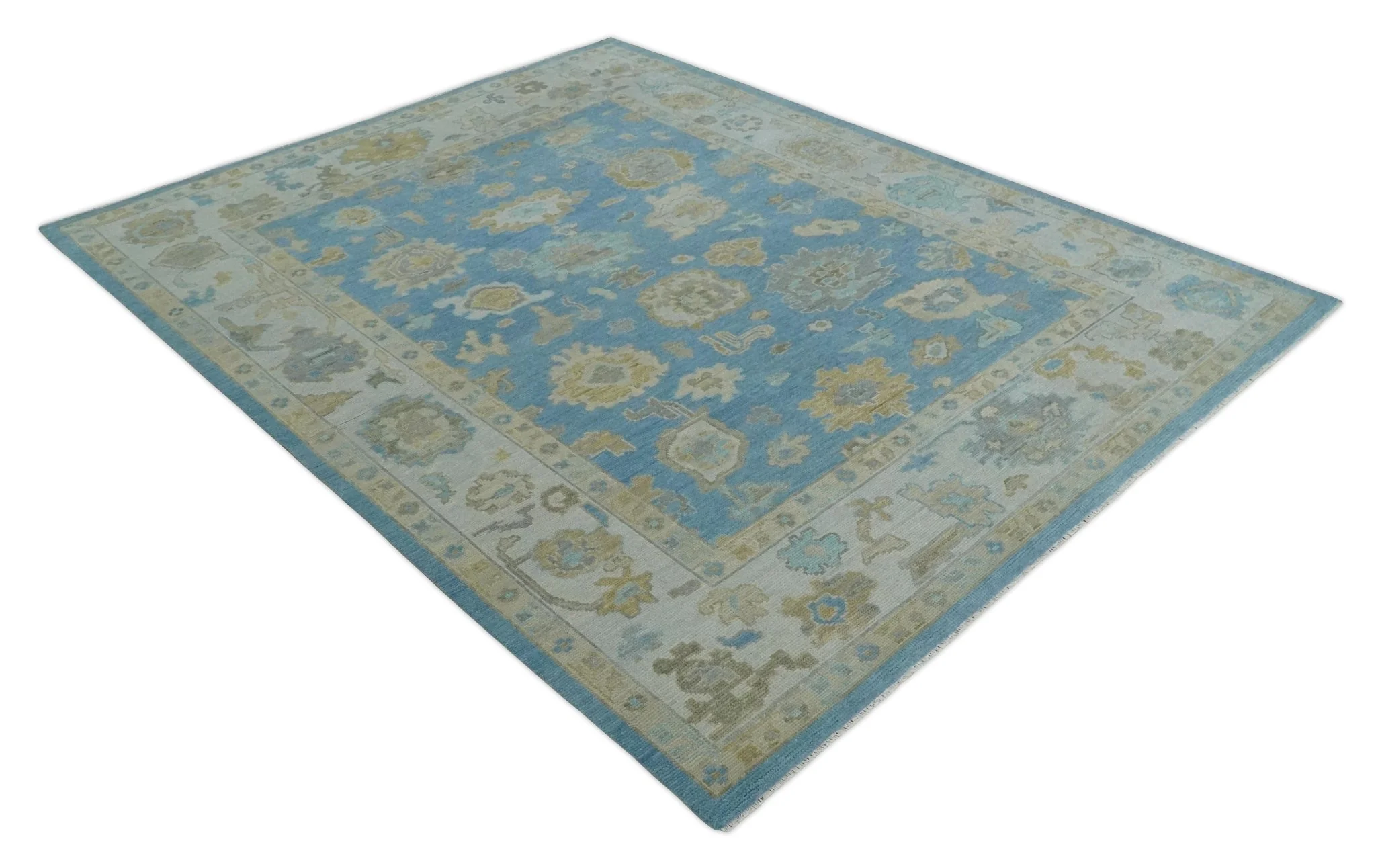 Blue, Silver and Brown Hand Knotted Traditional Oushak wool Rug - Image 9